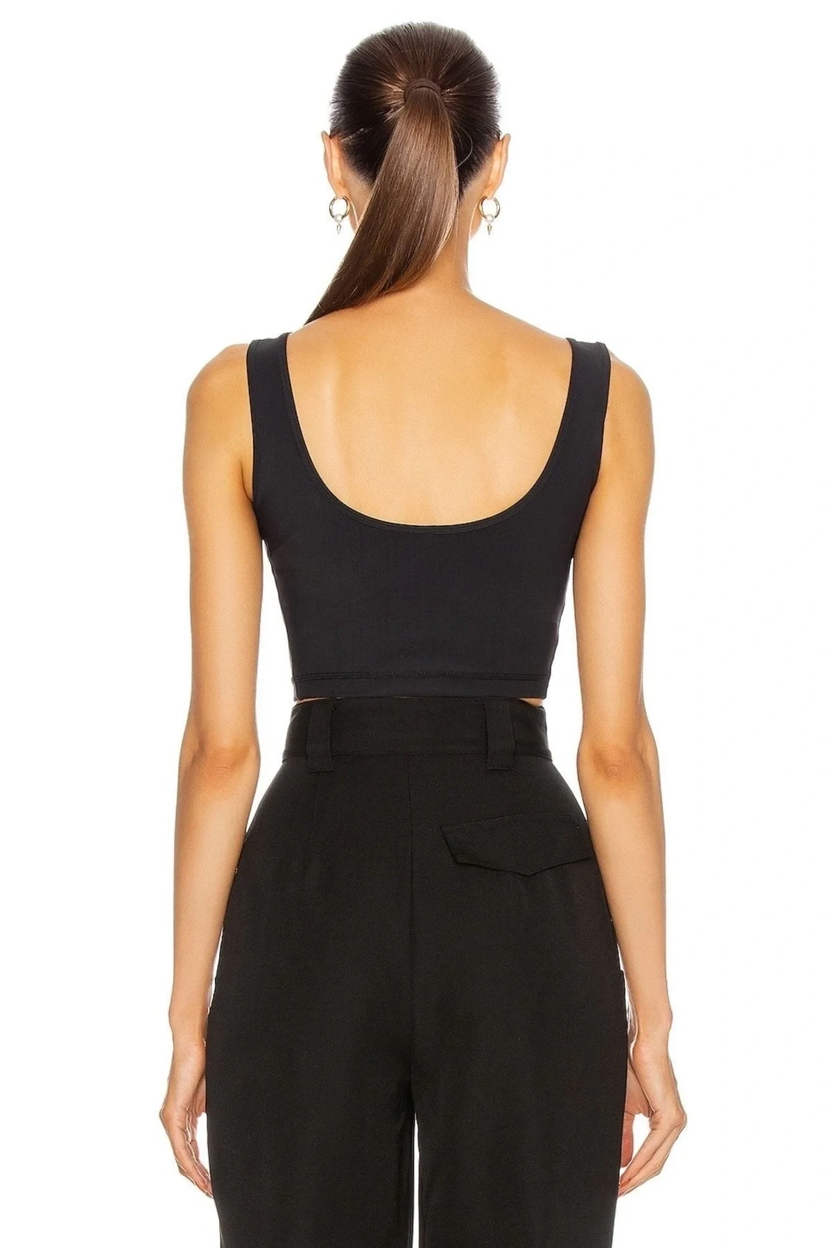 Kadın Siyah Kalın Askılı U Yaka Çift Kat Sandy Kumaş Vücudu Saran Basic Crop Top