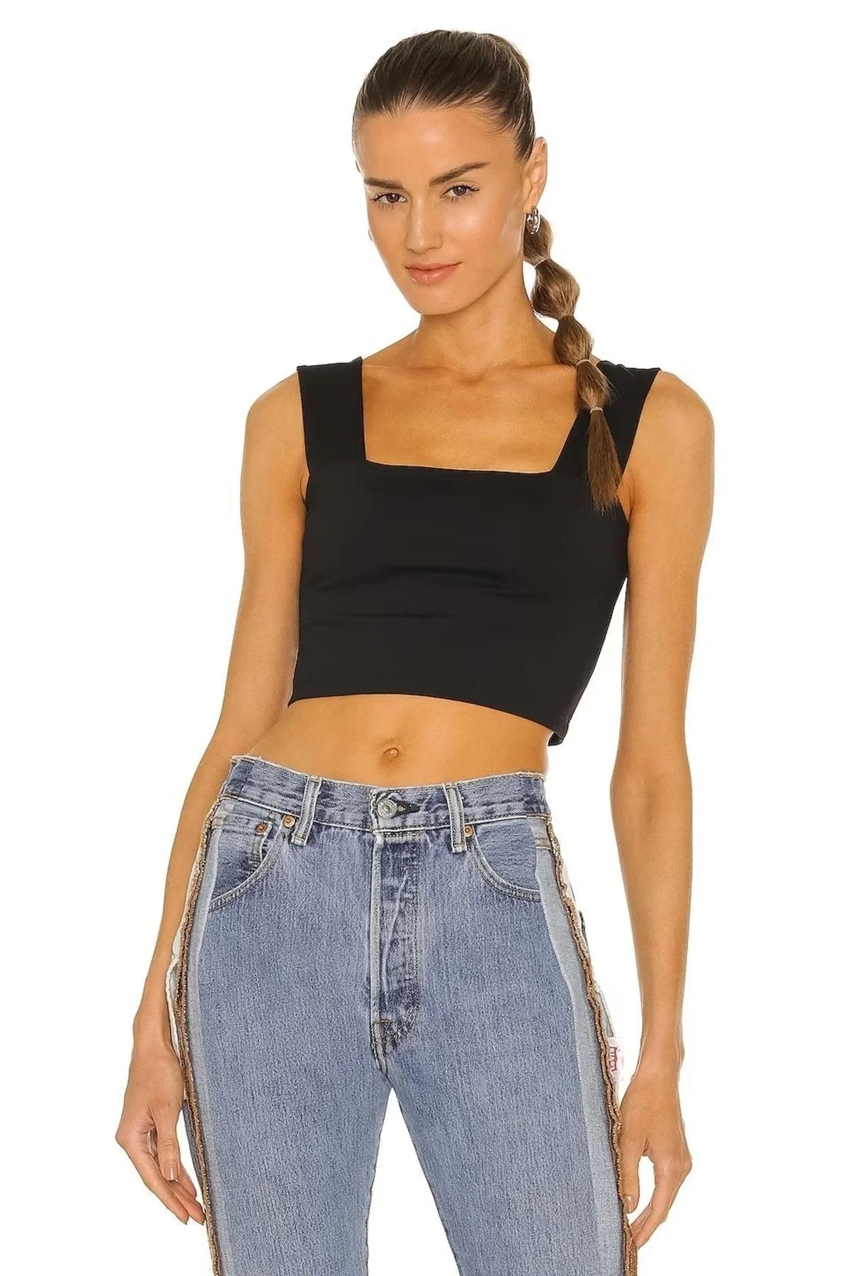 Kadın Siyah Kare Yaka Kalın Askılı Çift Kat Sandy Kumaş Basic Crop Top Büstiyer