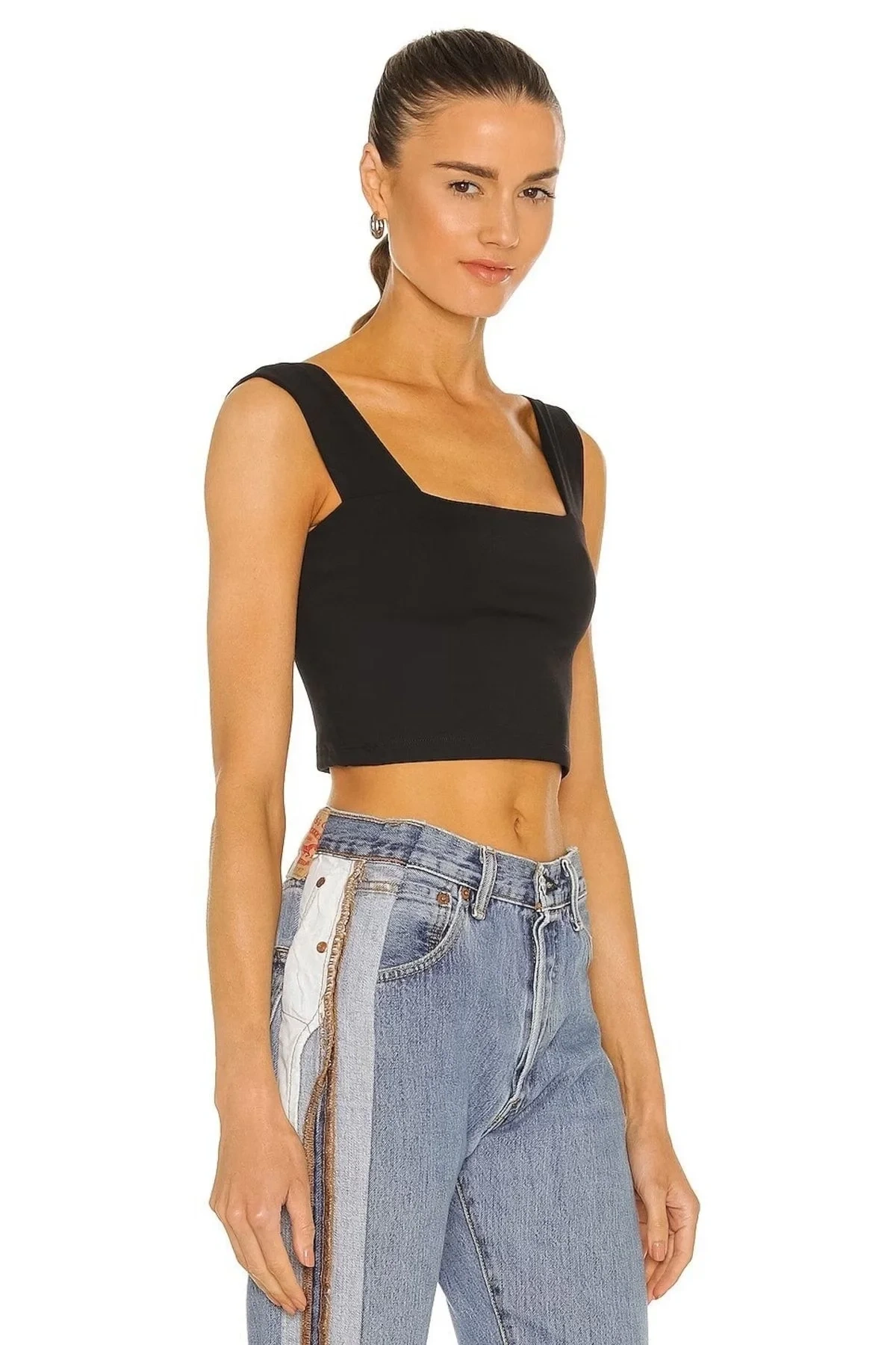 Kadın Siyah Kare Yaka Kalın Askılı Çift Kat Sandy Kumaş Basic Crop Top Büstiyer