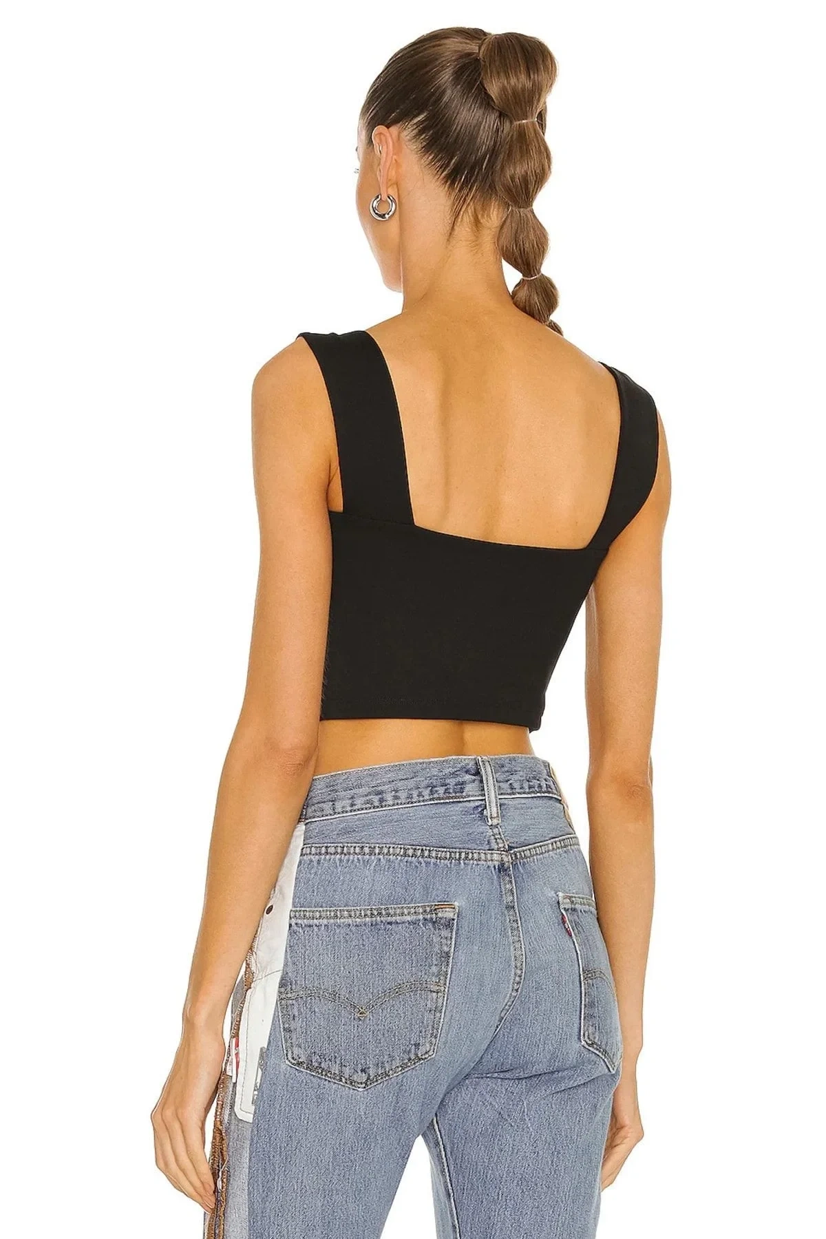 Kadın Siyah Kare Yaka Kalın Askılı Çift Kat Sandy Kumaş Basic Crop Top Büstiyer