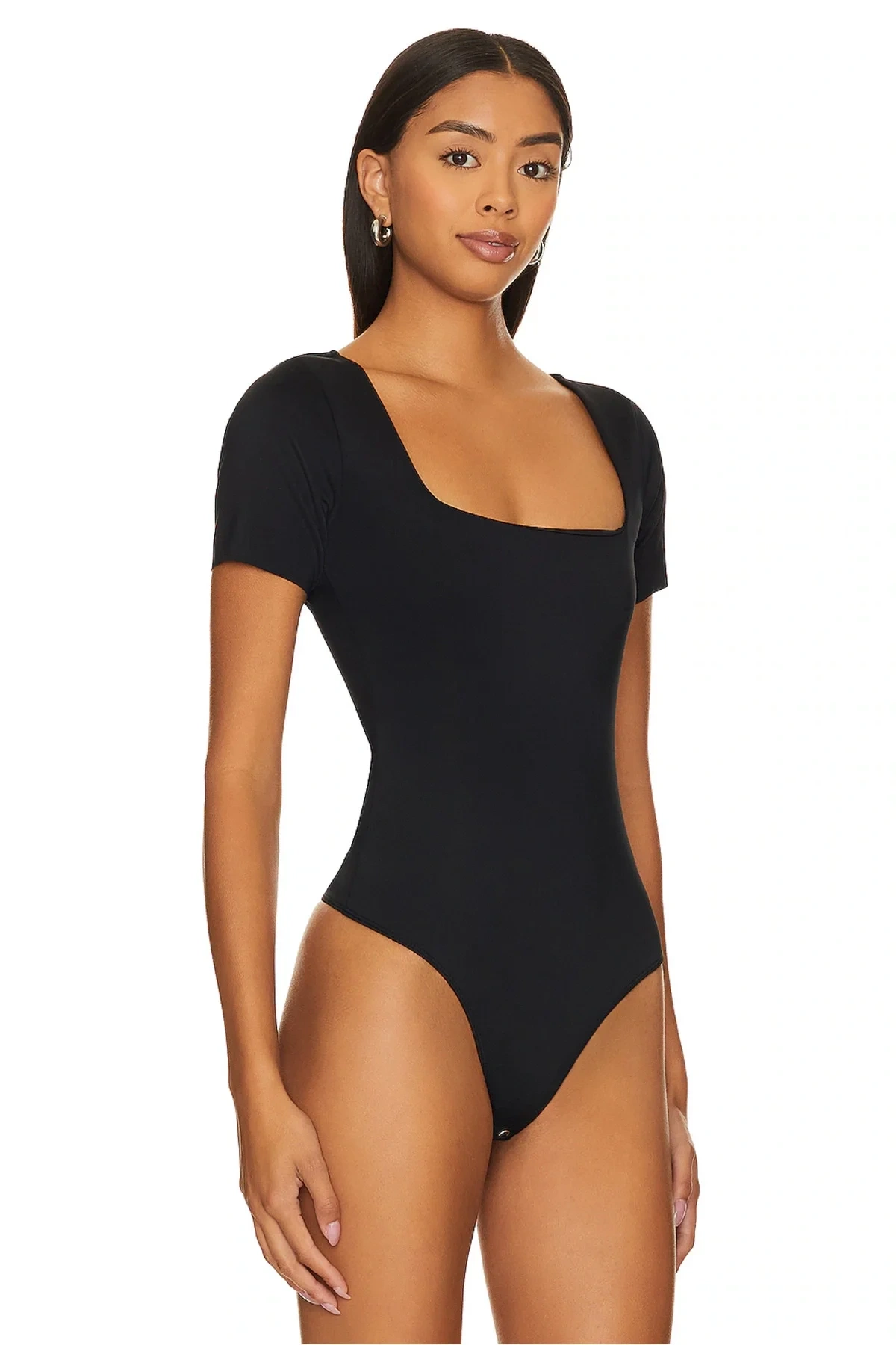 Kadın Siyah Kare Yaka Kısa Kollu Alttan Çıtçıtlı Sandy Kumaş Basic Tanga Bodysuit