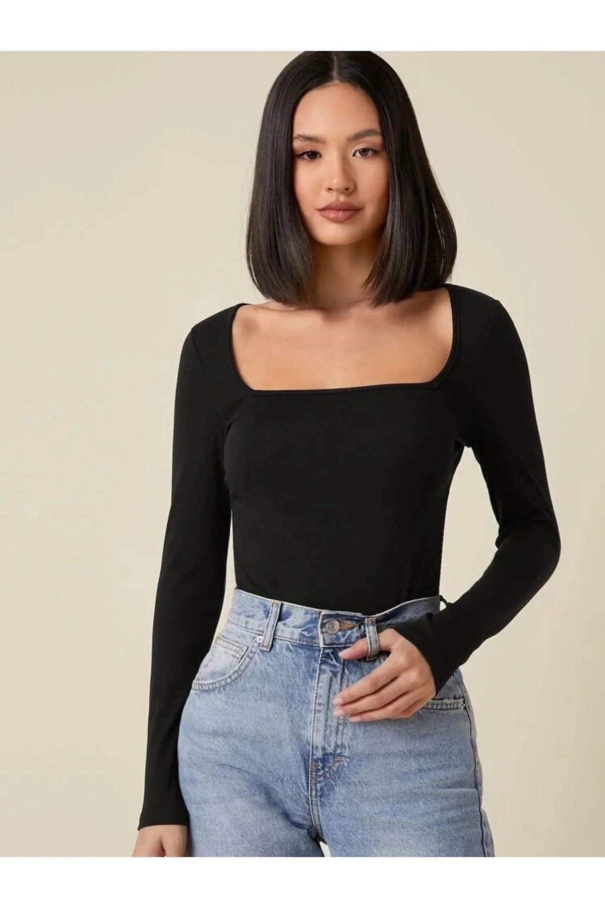 Kadın Siyah Kare Yaka Uzun Kollu İpek Jarse Vücudu Saran Basic Body Bluz