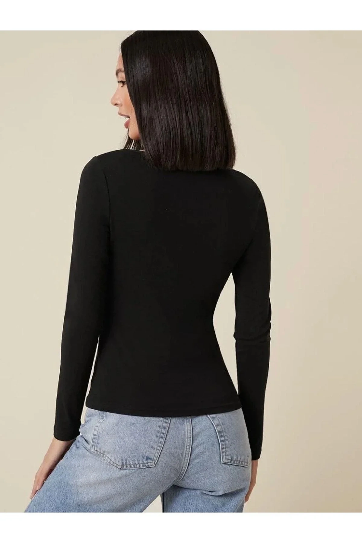 bysoca Kadın Siyah Kare Yaka Uzun Kollu İpek Jarse Vücudu Saran Basic Body