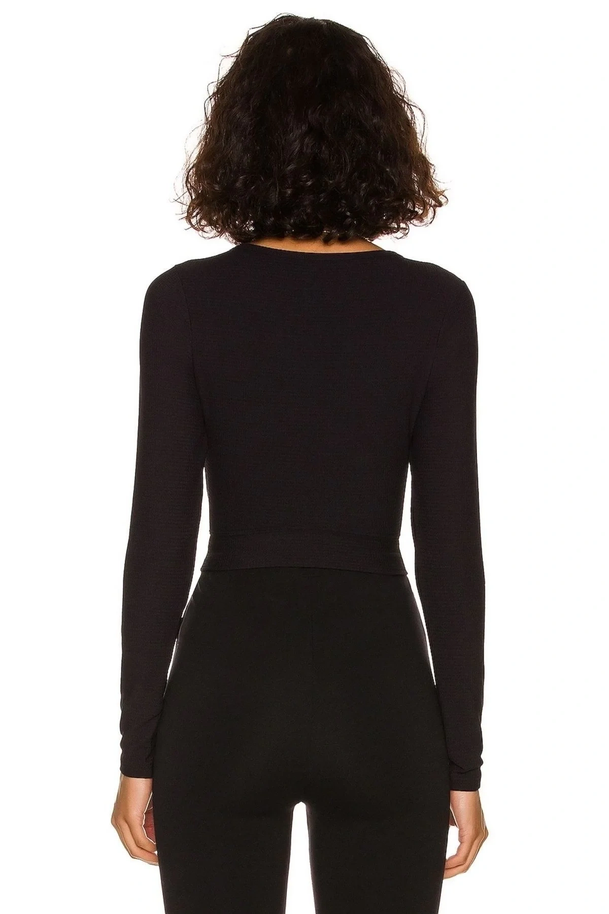 Kadın Siyah Karın Dekolteli Bisiklet Yaka Uzun Kollu Vücudu Saran Sandy Kumaş Crop Top