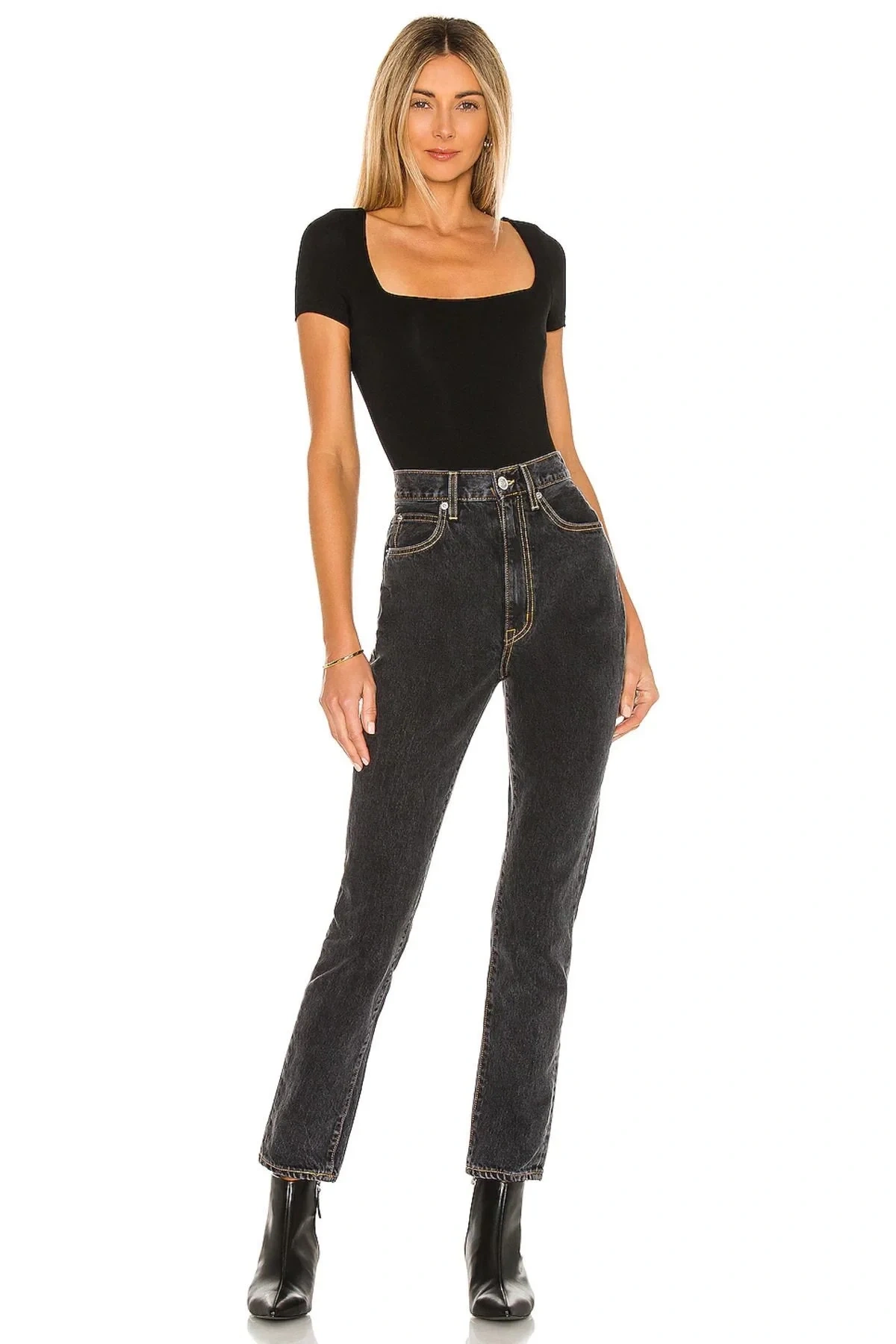 Kadın Siyah Kısa Kol Kare Yaka Vücudu Saran Basic Tanga Bodysuit