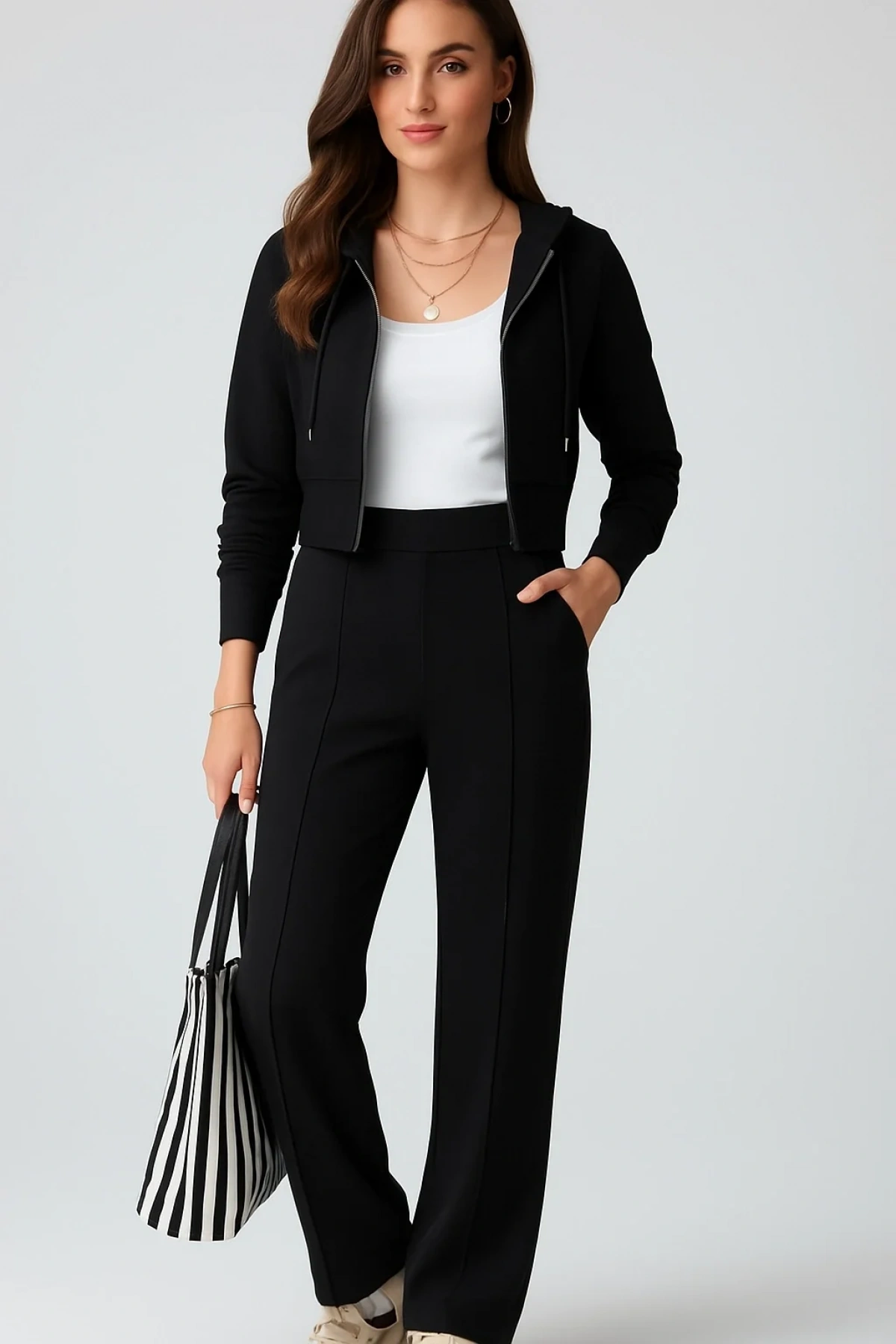 Kadın Siyah Modal Kumaş Kapüşonlu Fermuarlı Hırka ve Palazzo Eşofman Takımı