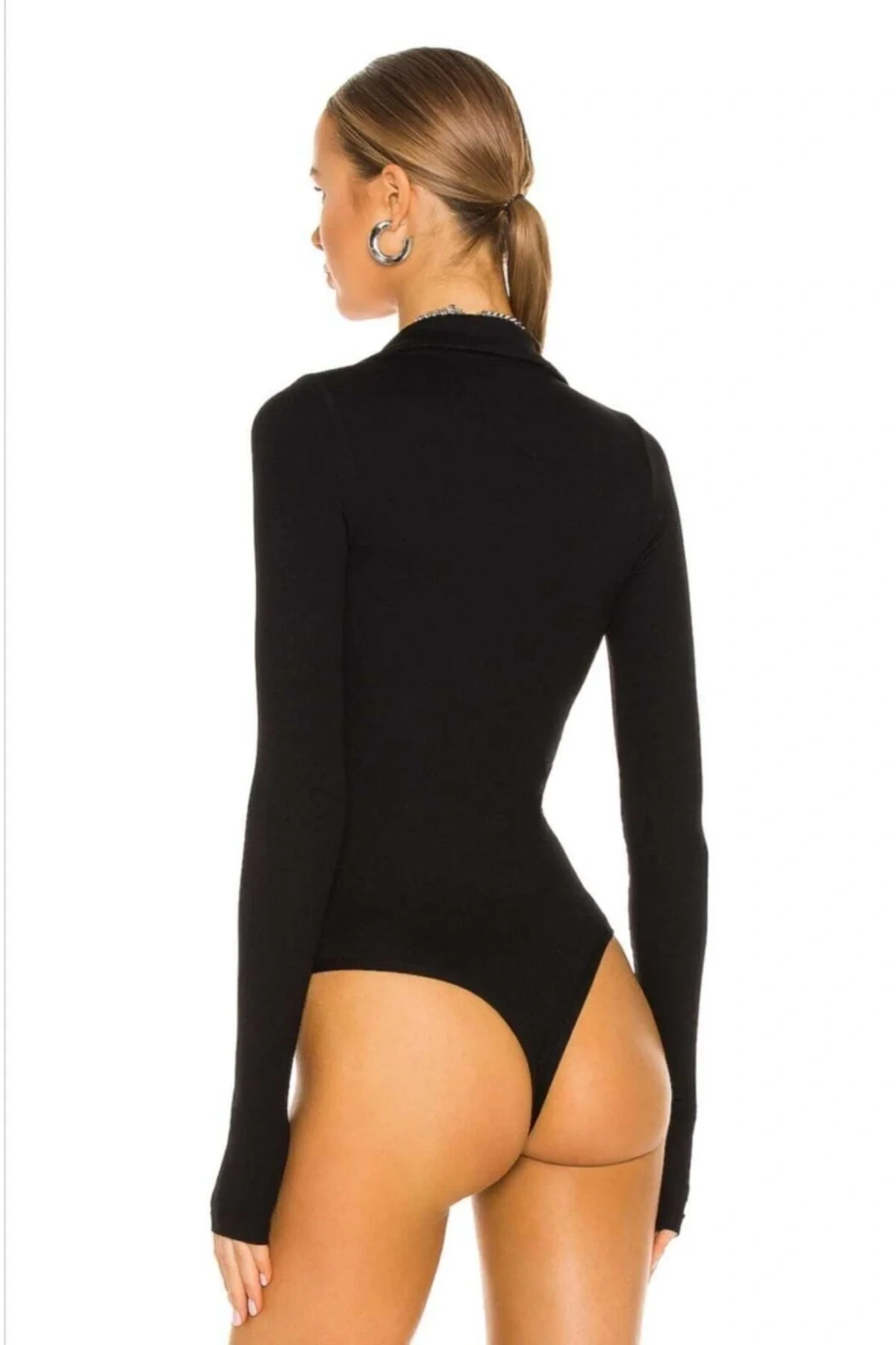 Kadın Siyah Parmak Geçmeli Polo Yaka Uzun Kollu V Yaka Dekolteli Esnek Jarse Tanga Bodysuit