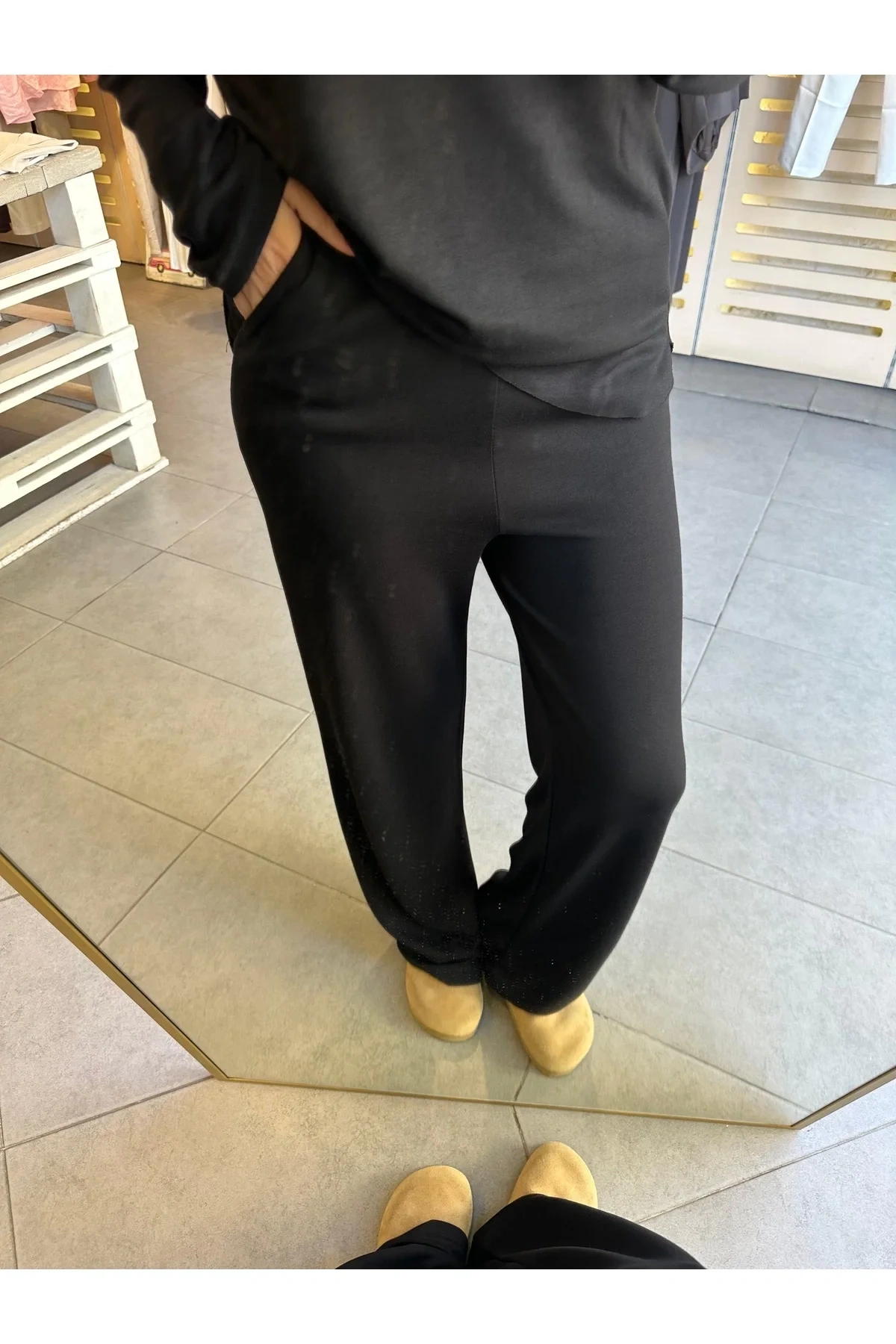 Kadın Siyah Pike Modal Kumaş Geniş Paça Pantolon ve Uzun Kollu Üst İkili Eşofman Takımı