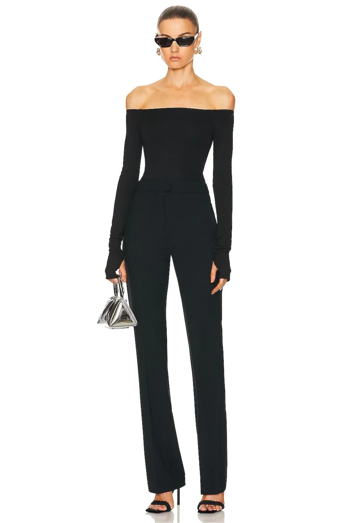 bysoca Kadın Siyah Straplez Düşük Omuz Uzun Kollu Parmak Geçmeli İpek Jarse Bodysuit