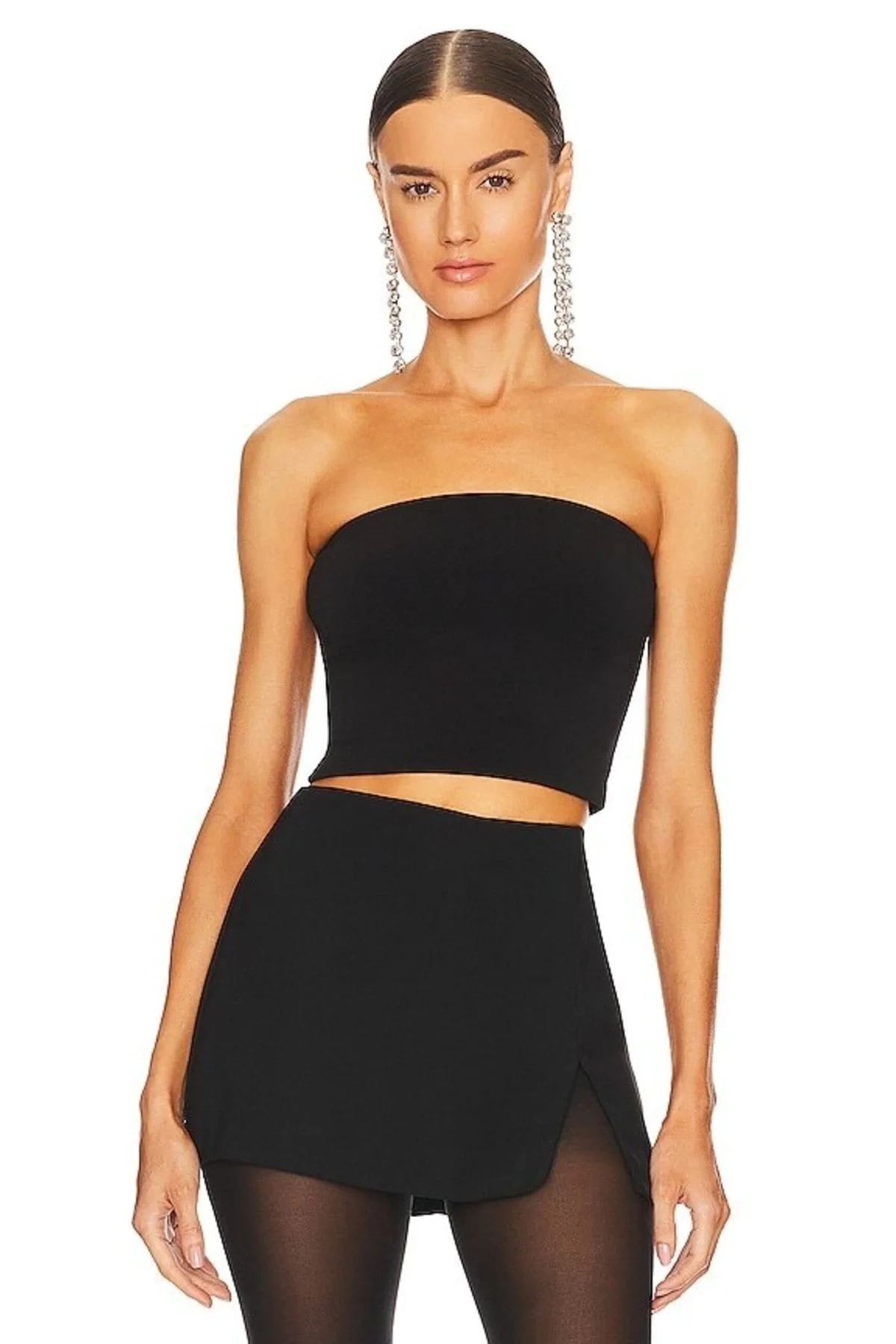 Kadın Siyah Straplez Vücudu Saran Sandy Kumaş Basic Crop Top Büstiyer