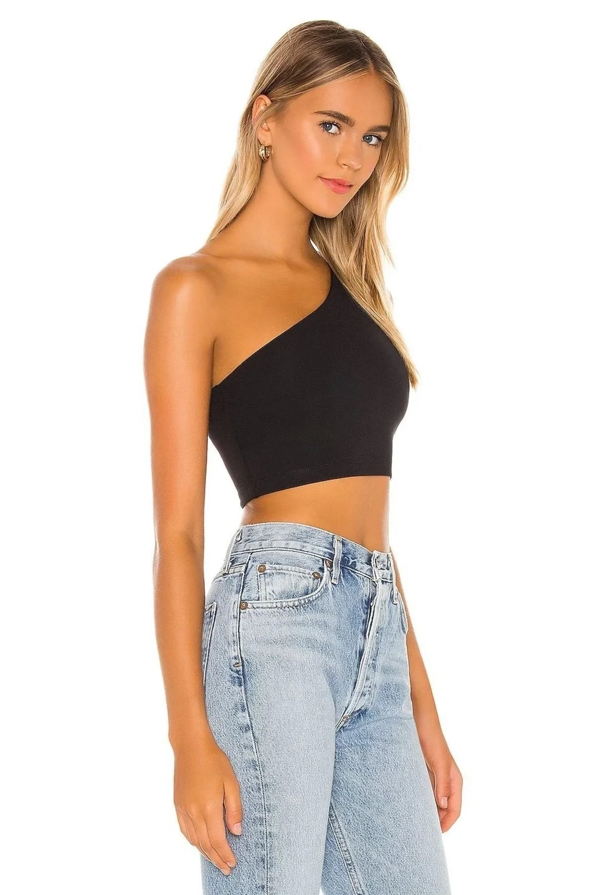 Kadın Siyah Tek Omuz Sıfır Kol Vücudu Saran Sandy Kumaş Basic Crop Top