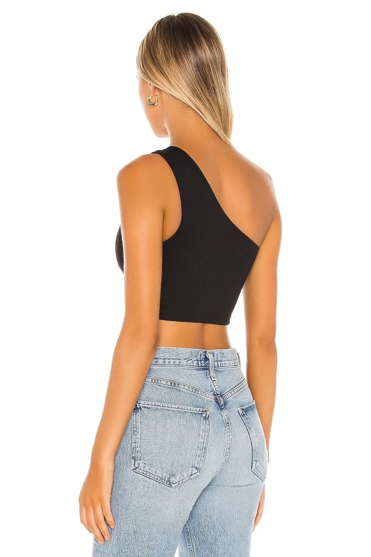 bysoca Kadın Siyah Tek Omuz Sıfır Kol Vücudu Saran Sandy Kumaş Basic Crop Top