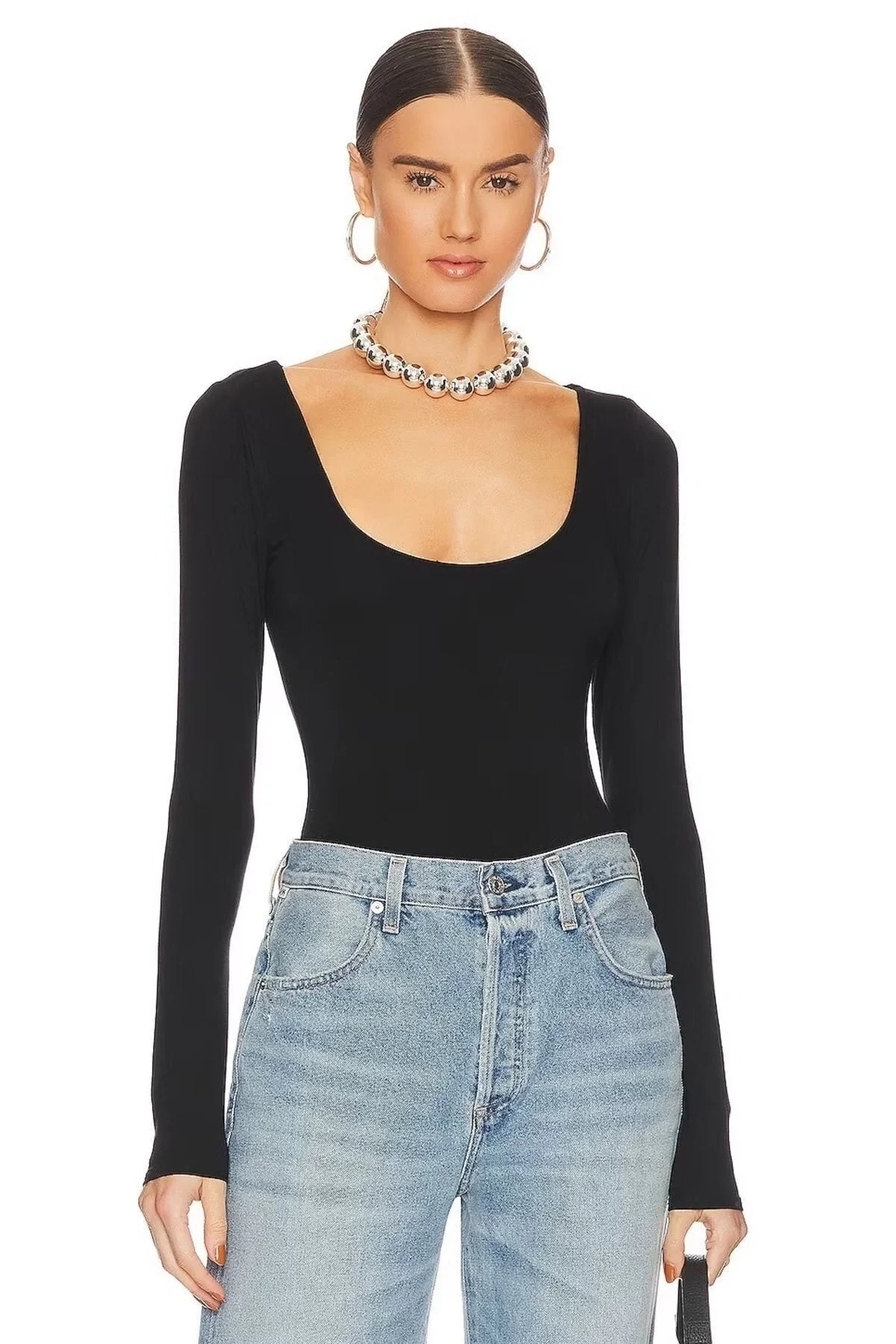 Kadın Siyah U Yaka Uzun Kollu İpek Jarse Vücudu Saran Basic Tanga Bodysuit