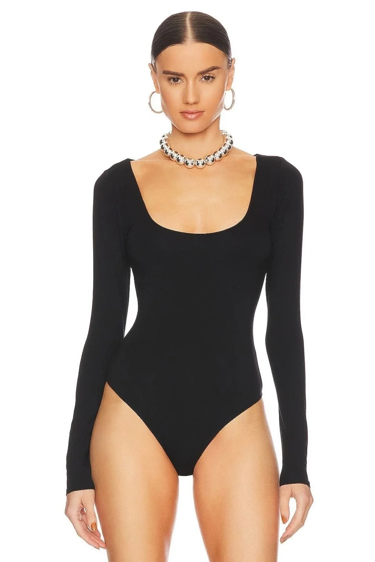 Kadın Siyah U Yaka Uzun Kollu İpek Jarse Vücudu Saran Basic Tanga Bodysuit