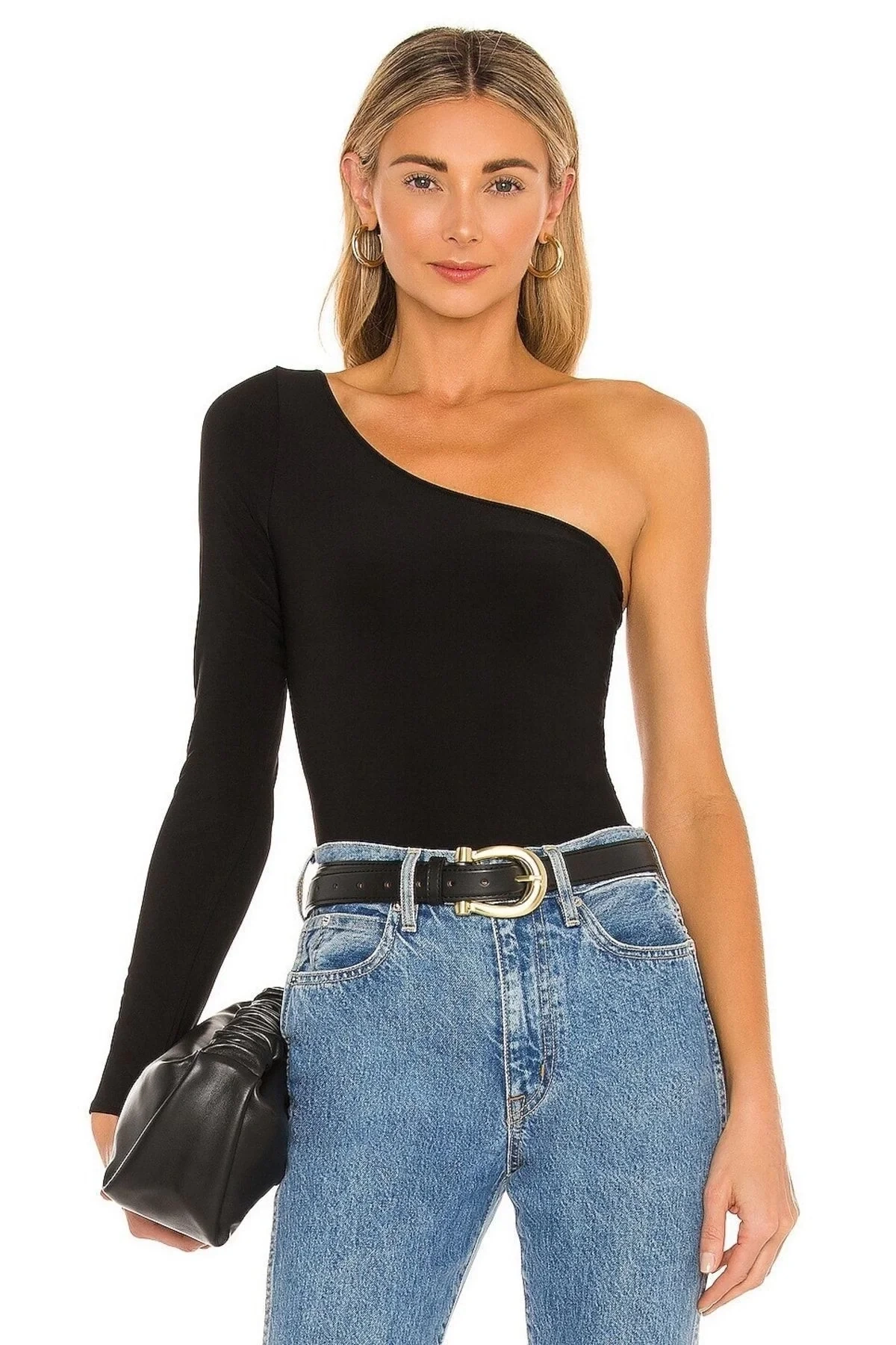 Kadın Siyah Uzun Kollu Tek Omuz Asimetrik Kesim Sandy Kumaş Basic Tanga Bodysuit