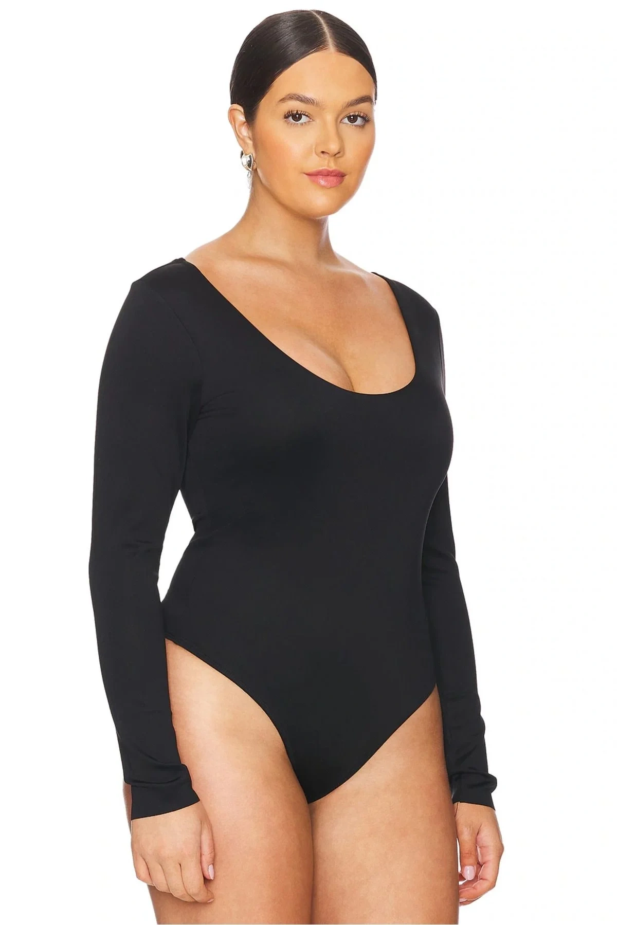 Kadın Siyah U Yaka Uzun Kollu Alttan Çıtçıtlı İpek Jarse Basic Tanga Bodysuit