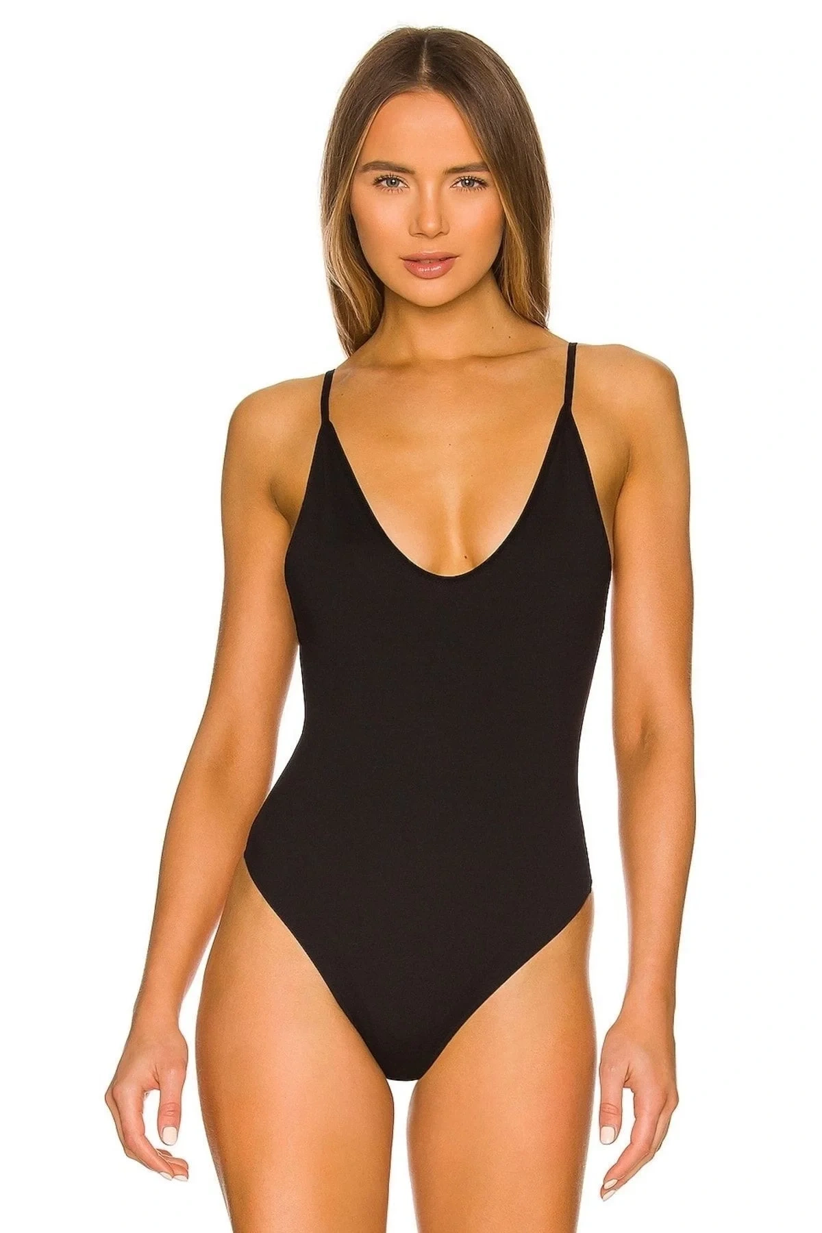 bysoca Kadın Siyah V Yaka İp Askılı Sırtı Açık Vücudu Saran Sandy Kumaş Tanga Basic Bodysuit