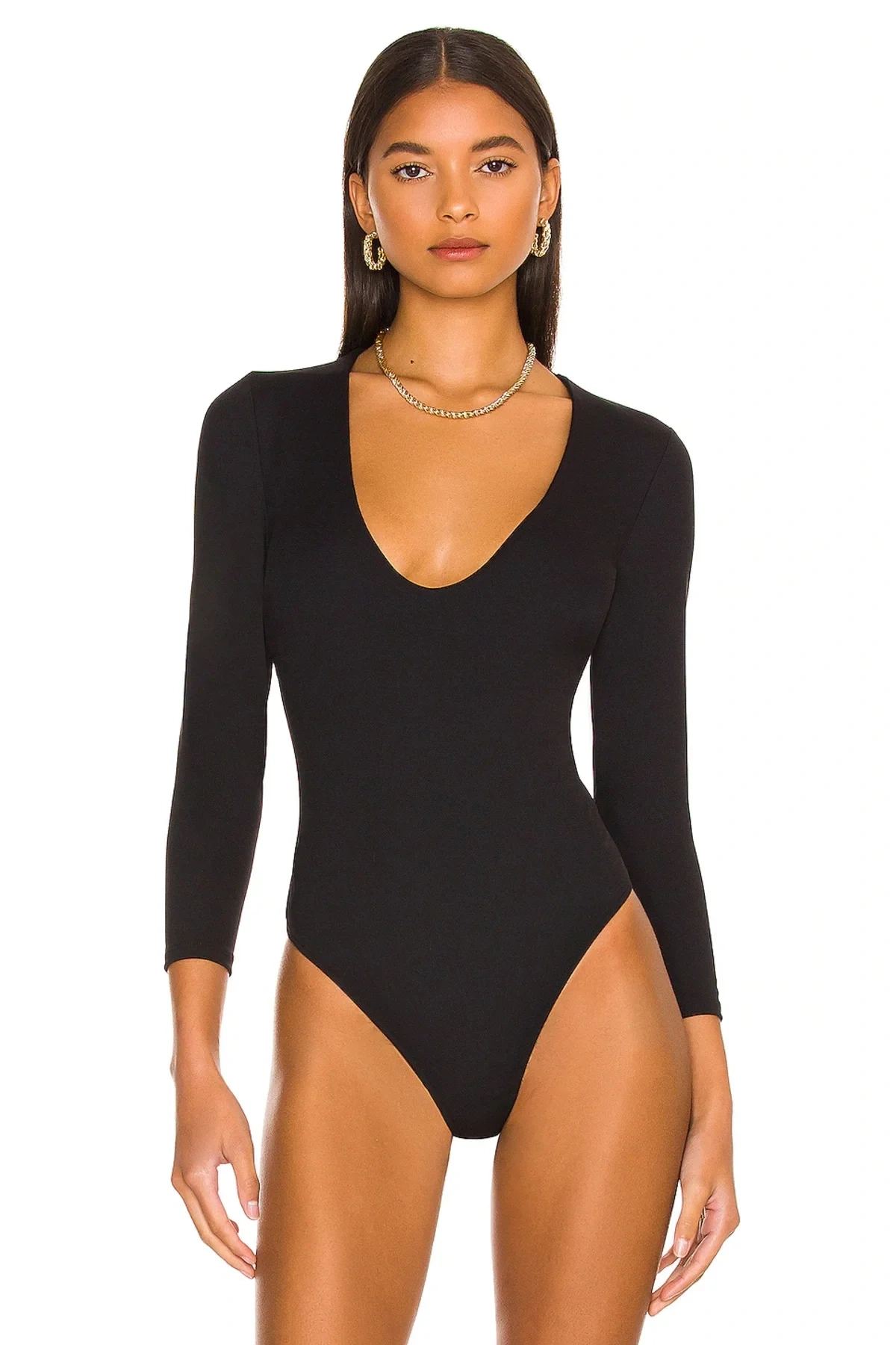 Kadın Siyah V Yaka Uzun Kol Vücudu Saran Jarse Basic Tanga Bodysuit