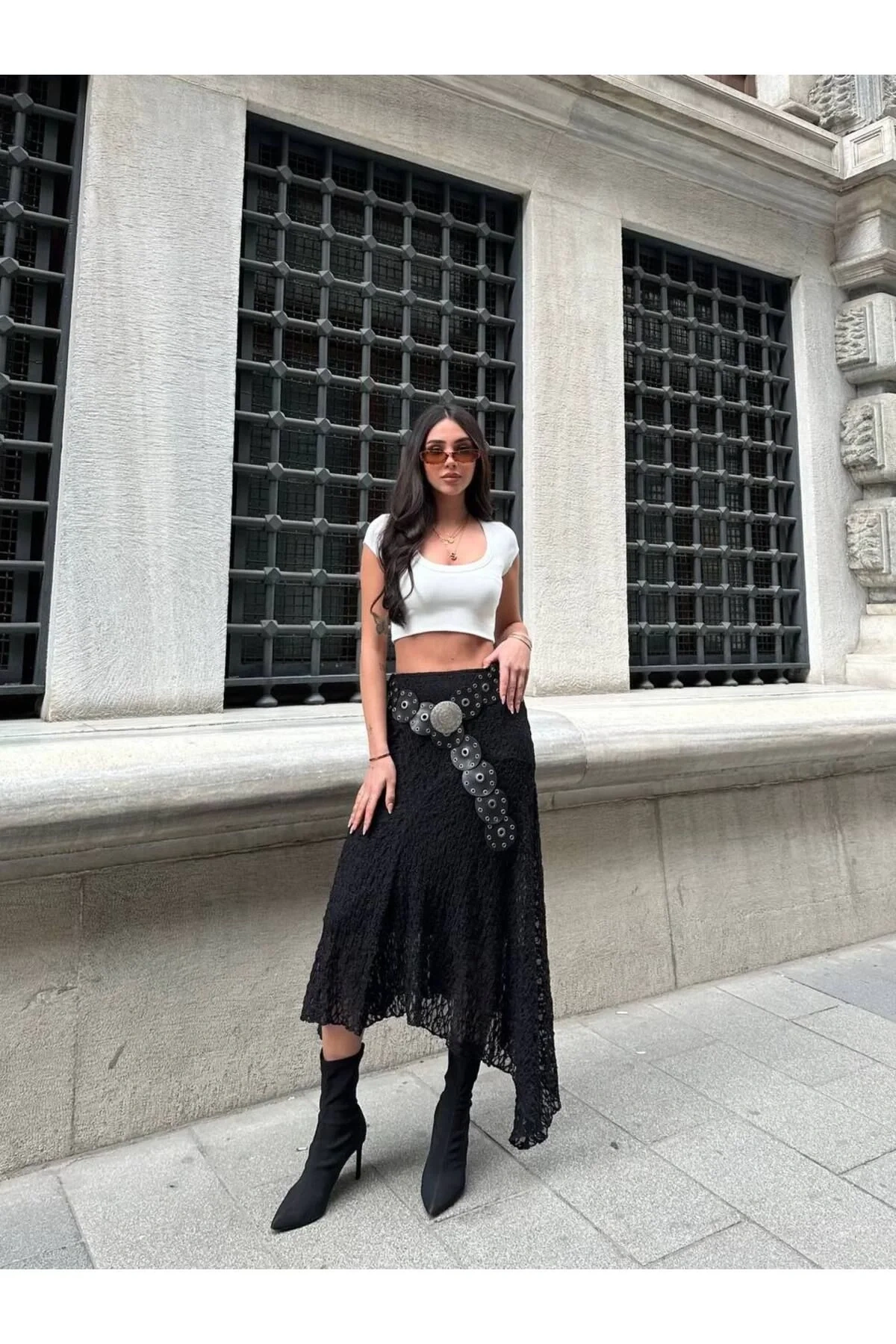 bysoca Kadın Siyah Yüksek Bel Dantel Fisto Asimetrik Kesim Bohem Yazlık Midi Etek