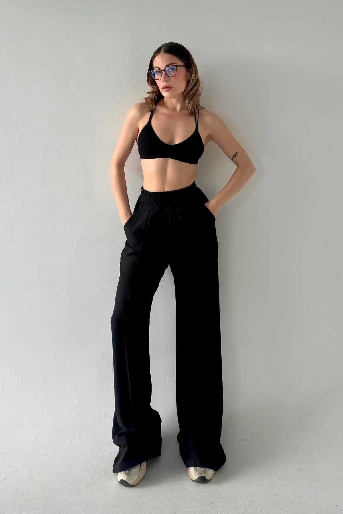 bysoca Kadın Siyah Yüksek Bel Lastikli Bağcıklı Cepli Dökümlü Geniş Paça Palazzo Keten Pantolon