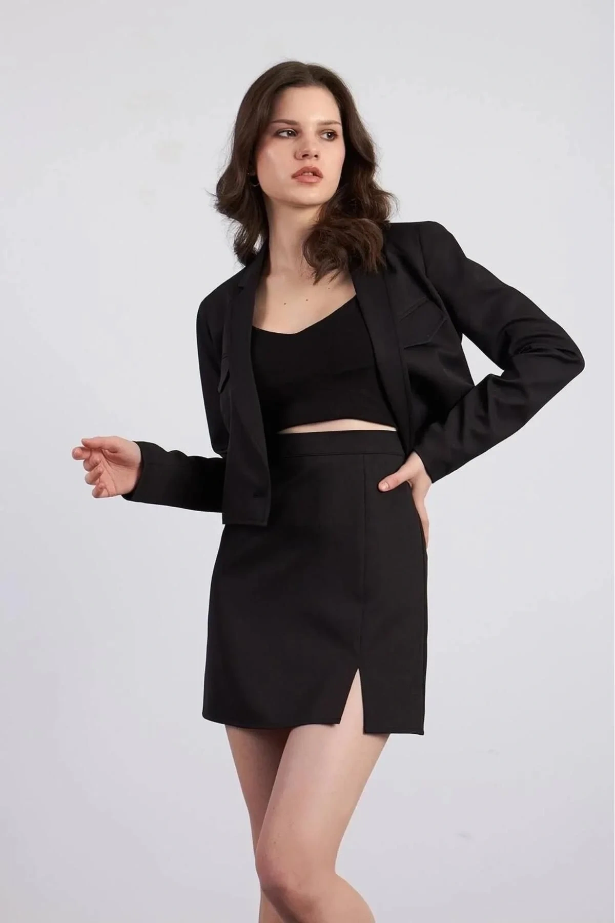 bysoca Kadın Siyah Yüksek Bel Önü Yırtmaçlı Mini Kalem Etek