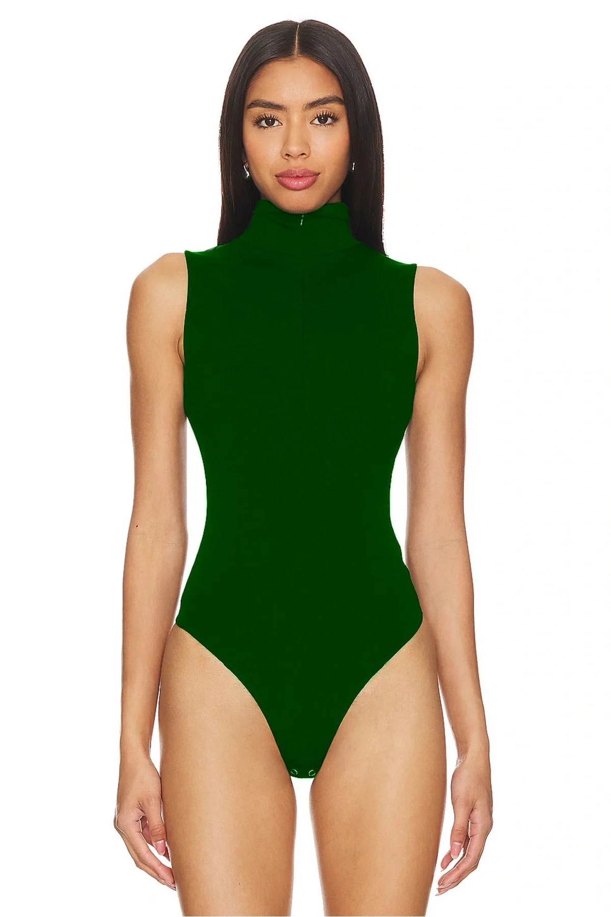 Kadın Yeşil Balıkçı Yaka Fermuarlı Sıfır Kol Vücudu Saran Basic Bodysuit