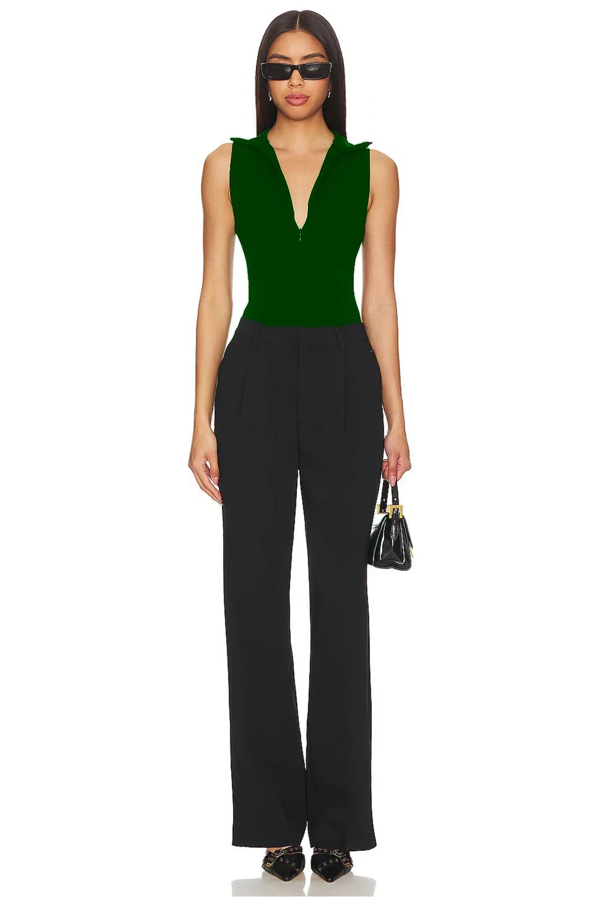 Kadın Yeşil Balıkçı Yaka Fermuarlı Sıfır Kol Vücudu Saran Basic Bodysuit