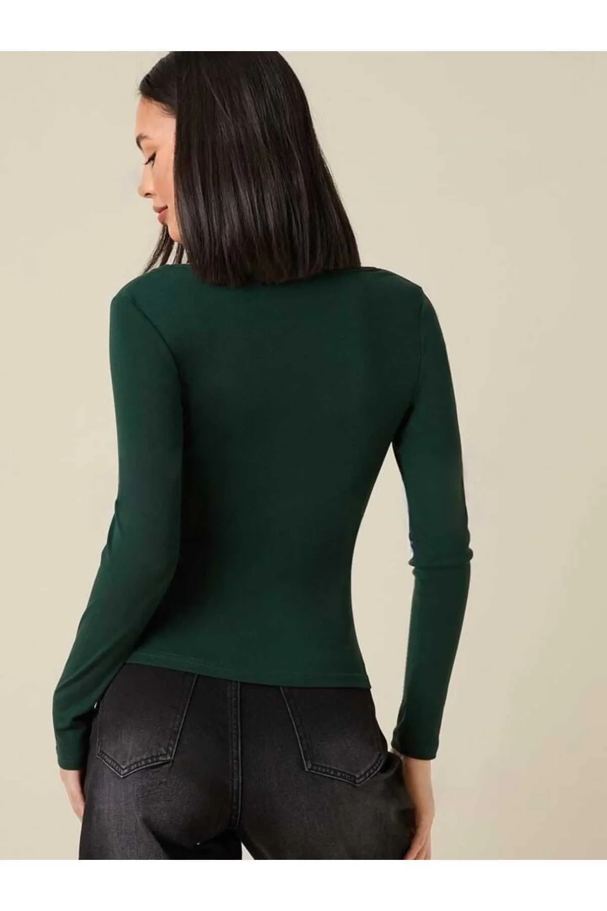 Kadın Yeşil Kare Yaka Uzun Kollu İpek Jarse Vücudu Saran Basic Body