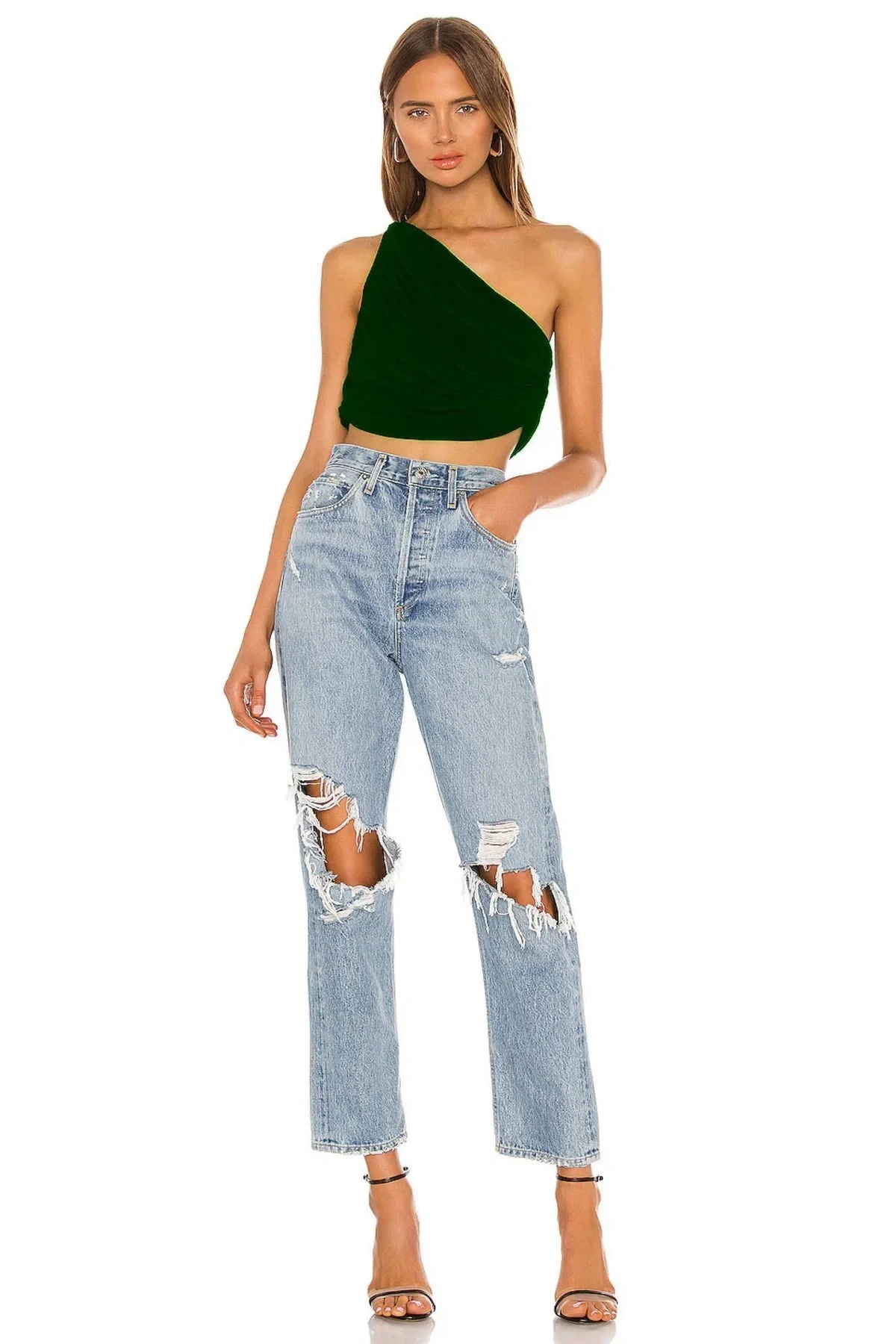 Kadın Zümrüt Yeşili Büzgülü Tek Omuz Asimetrik Kesim Jarse Crop Top Büstiyer