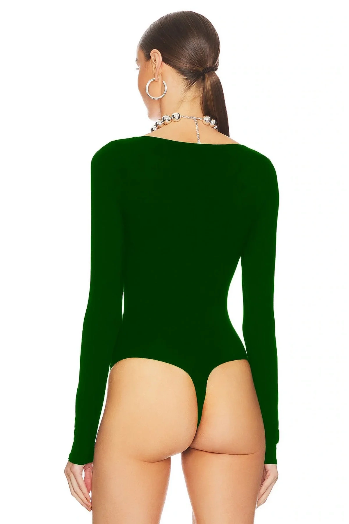 Kadın Zümrüt Yeşili U Yaka Uzun Kollu İpek Jarse Vücudu Saran Basic Bodysuit