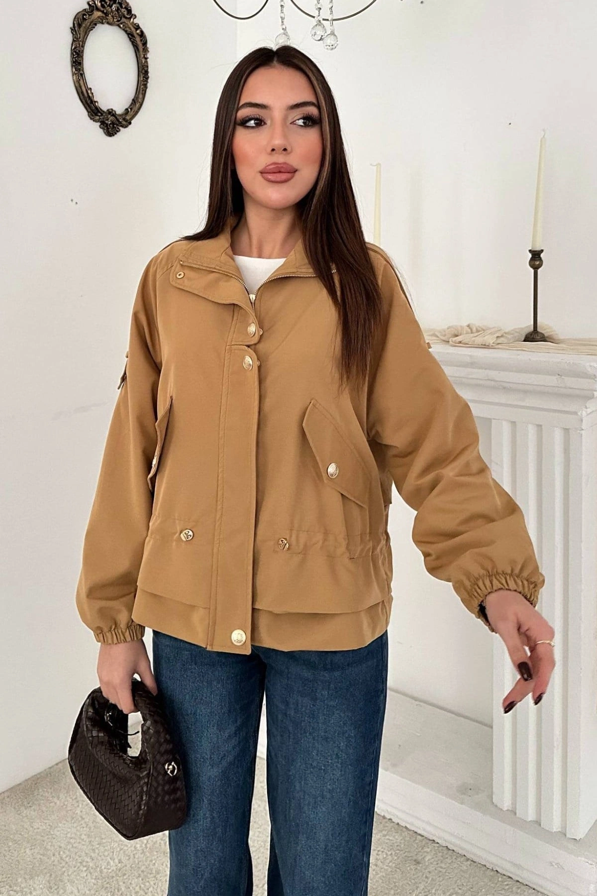 Kadın Camel Çıtçıt Detaylı Astarlı Ceket