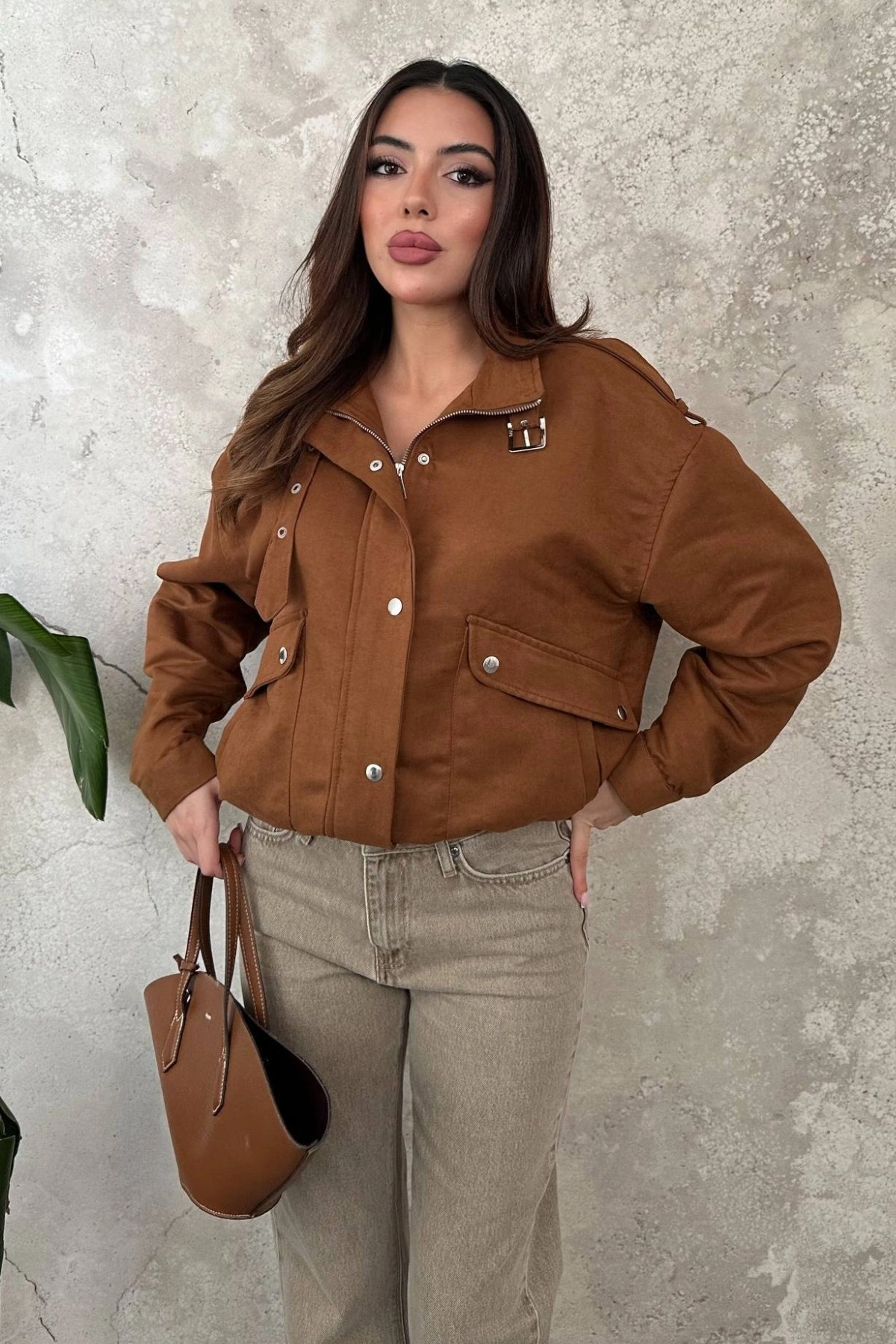 Kadın Camel Kısa Dik Yaka Ceket