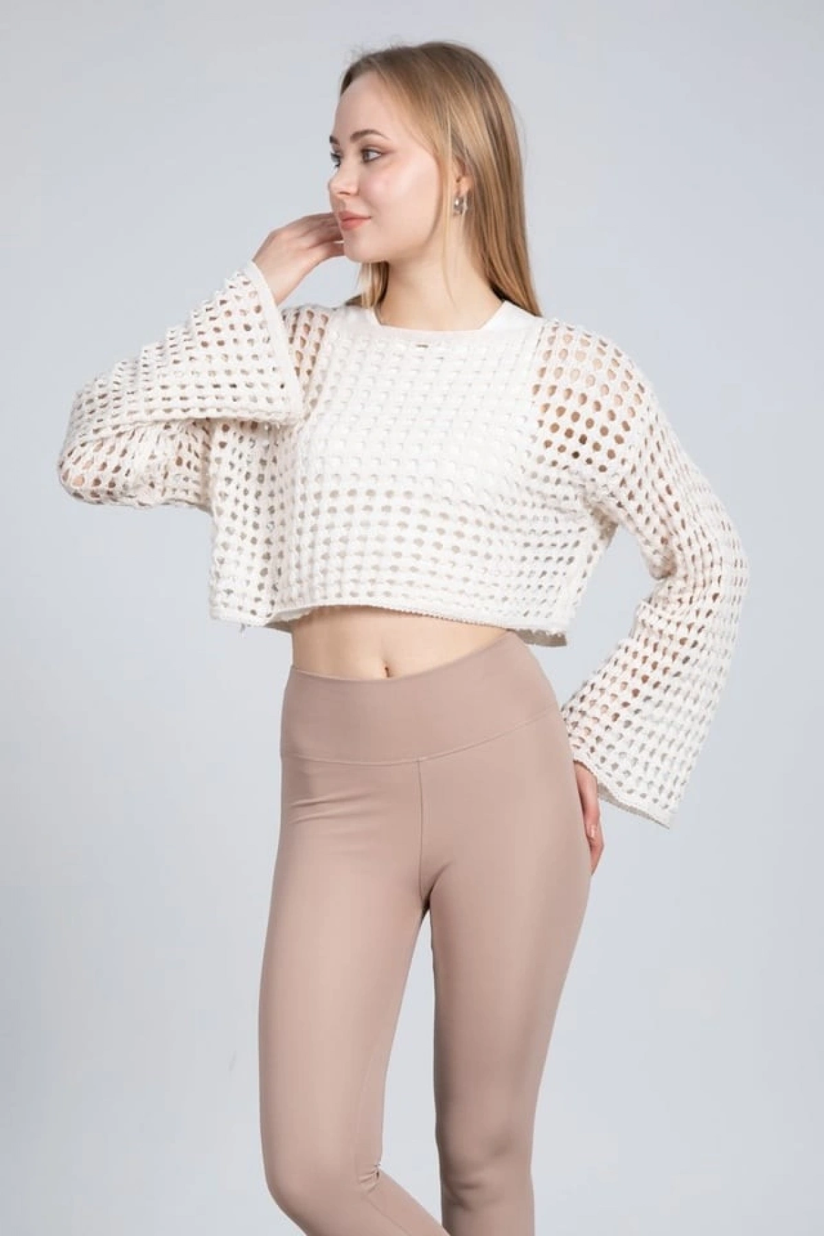 Ekru Ajurlu Crop Bluz - Ekru