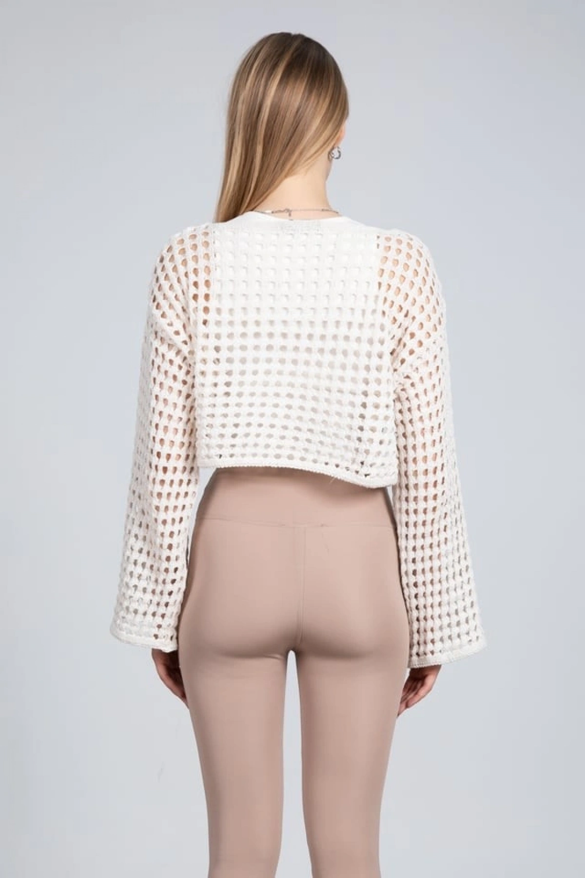Ekru Ajurlu Crop Bluz - Ekru