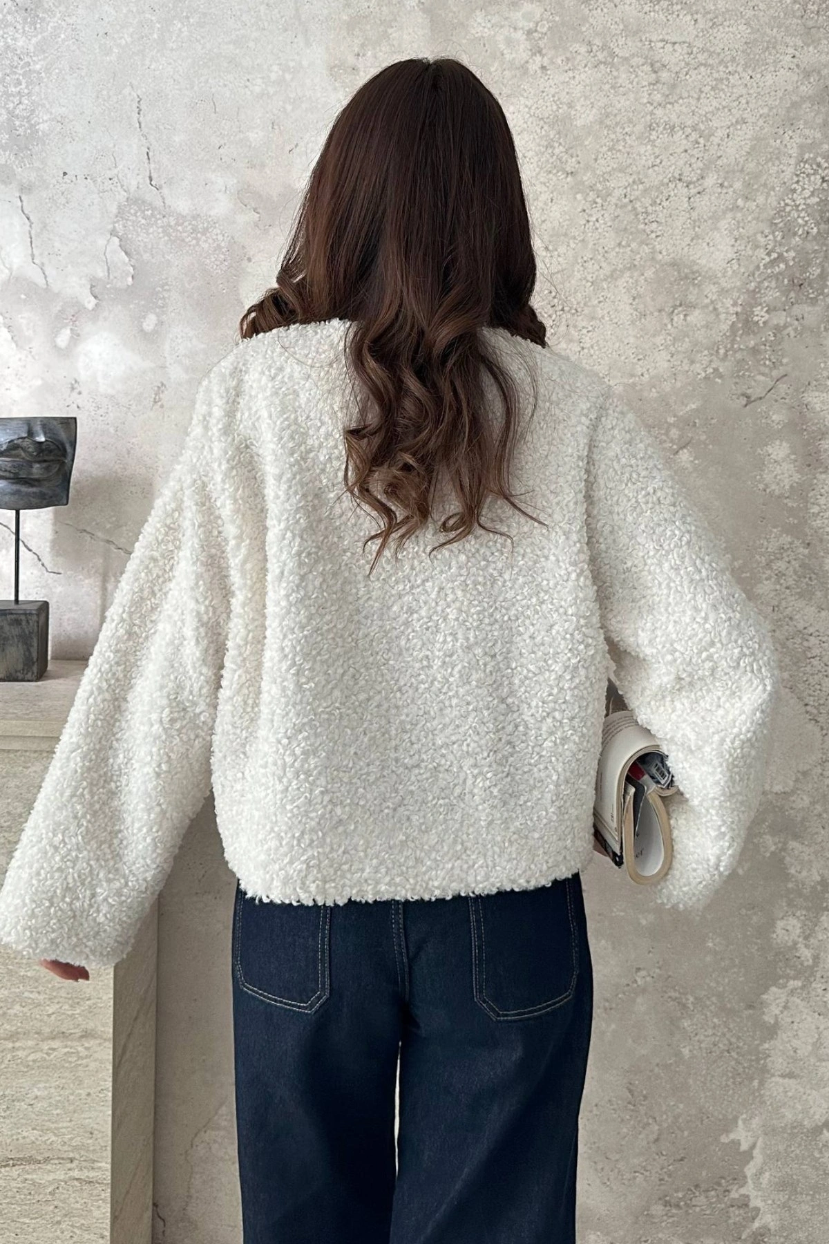 Kadın Ekru Kısa Peluş Ceket