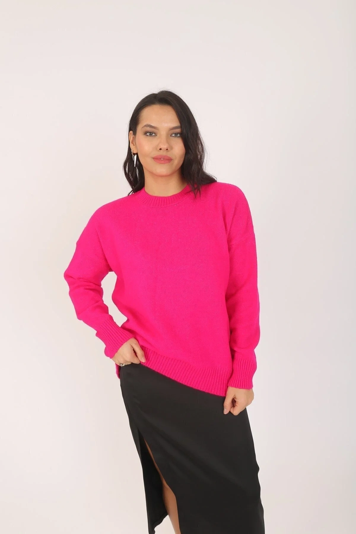 Kadın Fuşya Bisiklet Yaka Uzun Kollu Oversize Yumuşak Dokulu Triko Kazak