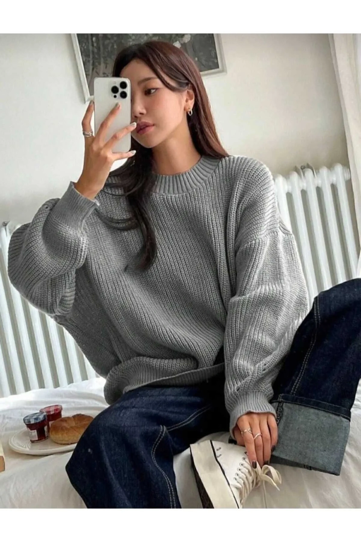 Kadın Gri Bisiklet Yaka Uzun Kollu Düşük Omuz Oversize Selanik Örgü Triko Kazak