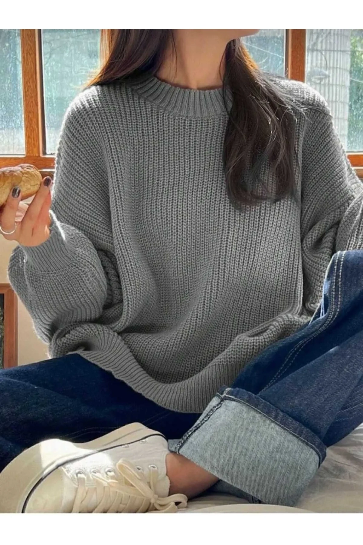 Kadın Gri Bisiklet Yaka Uzun Kollu Düşük Omuz Oversize Selanik Örgü Triko Kazak