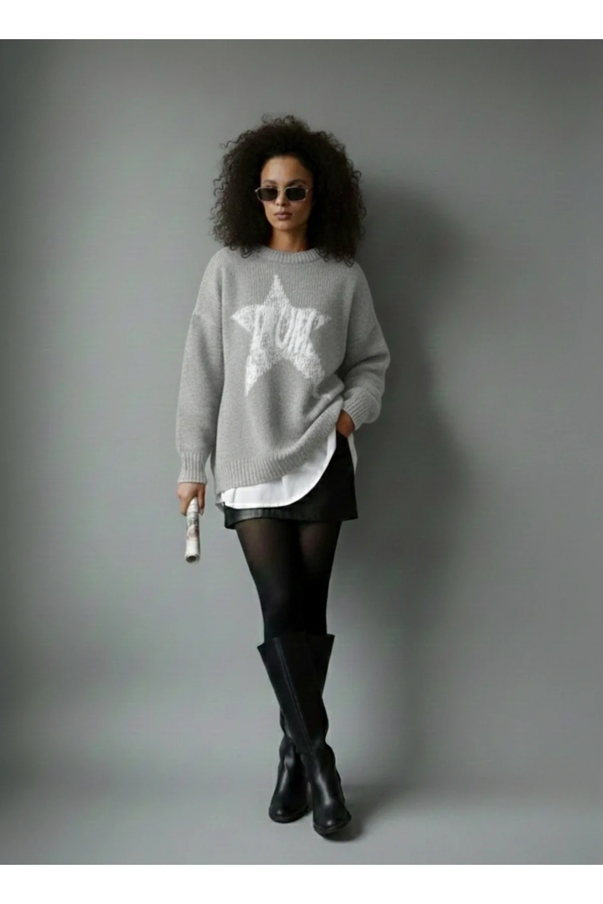 Kadın Gri Yıldız Desenli Bisiklet Yaka Uzun Kollu Oversize Triko Kazak