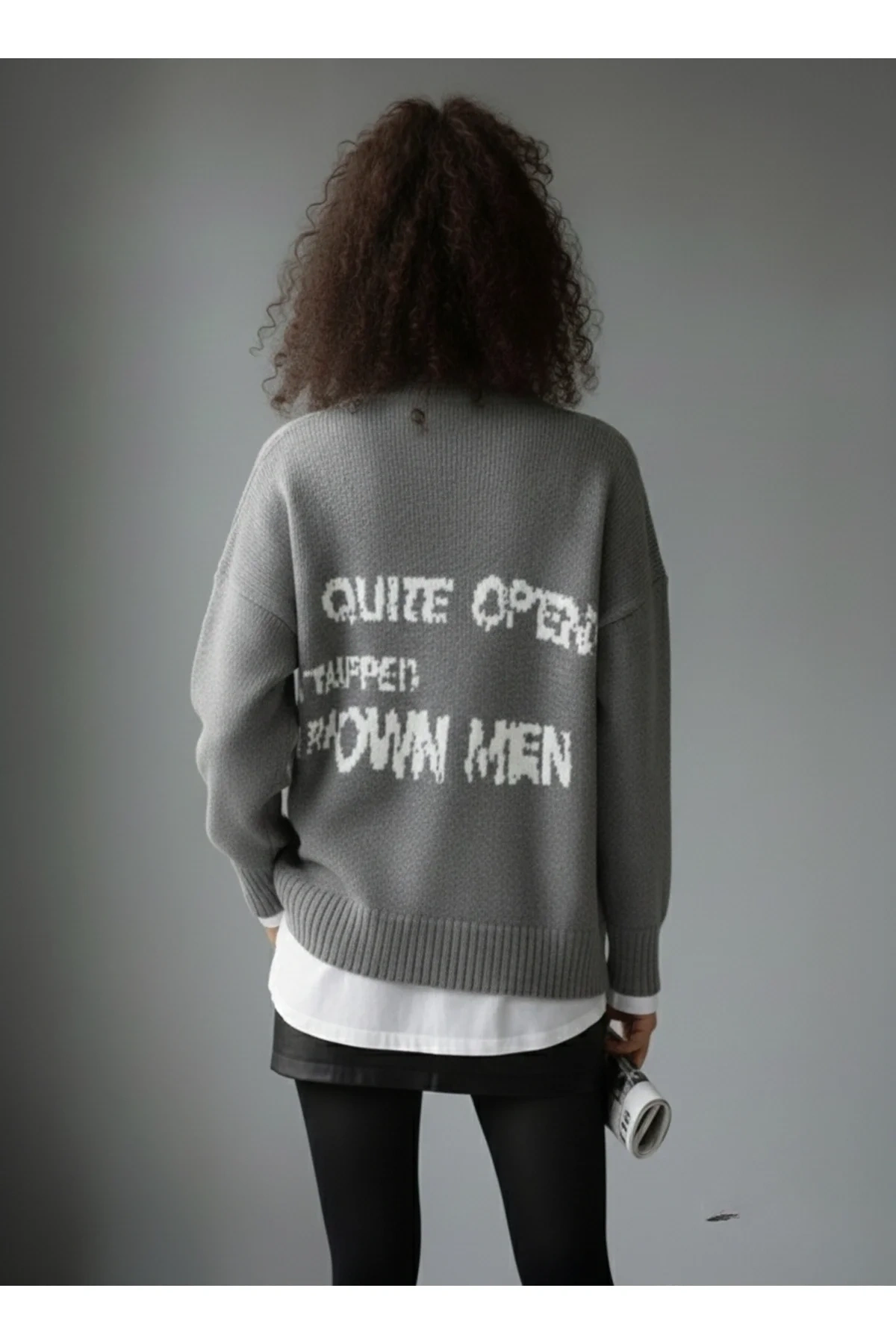 Kadın Gri Yıldız Desenli Bisiklet Yaka Uzun Kollu Oversize Triko Kazak