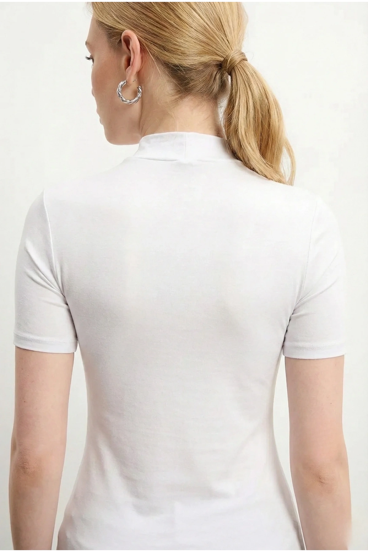 Kadın 2li Beyaz Yarım Balıkçı Yaka Kısa Kollu Esnek Pamuklu Basic Bluz