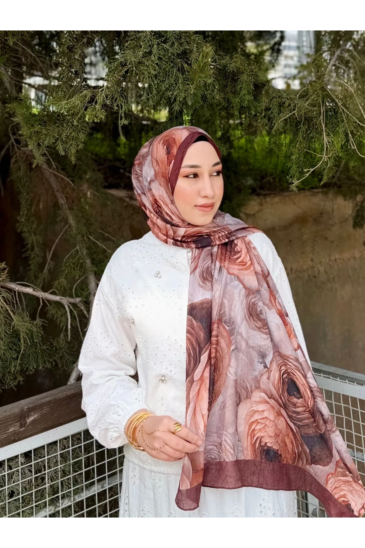 Kadın Acı Kahve Büyük Gül Floral Çiçek Desenli Bambu Dokuma Soft Yumuşak Şal