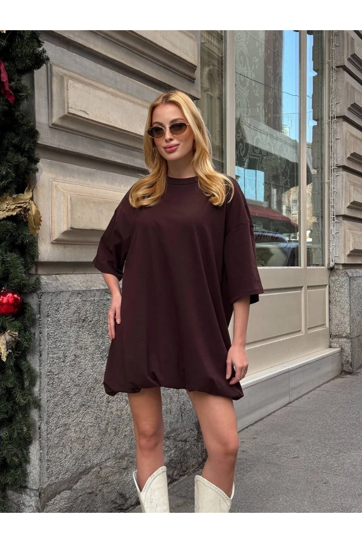 Kadın Acı Kahve Bisiklet Yaka Kısa Kol Düşük Omuz Balon Etekli Oversize Kısa Mini Elbise