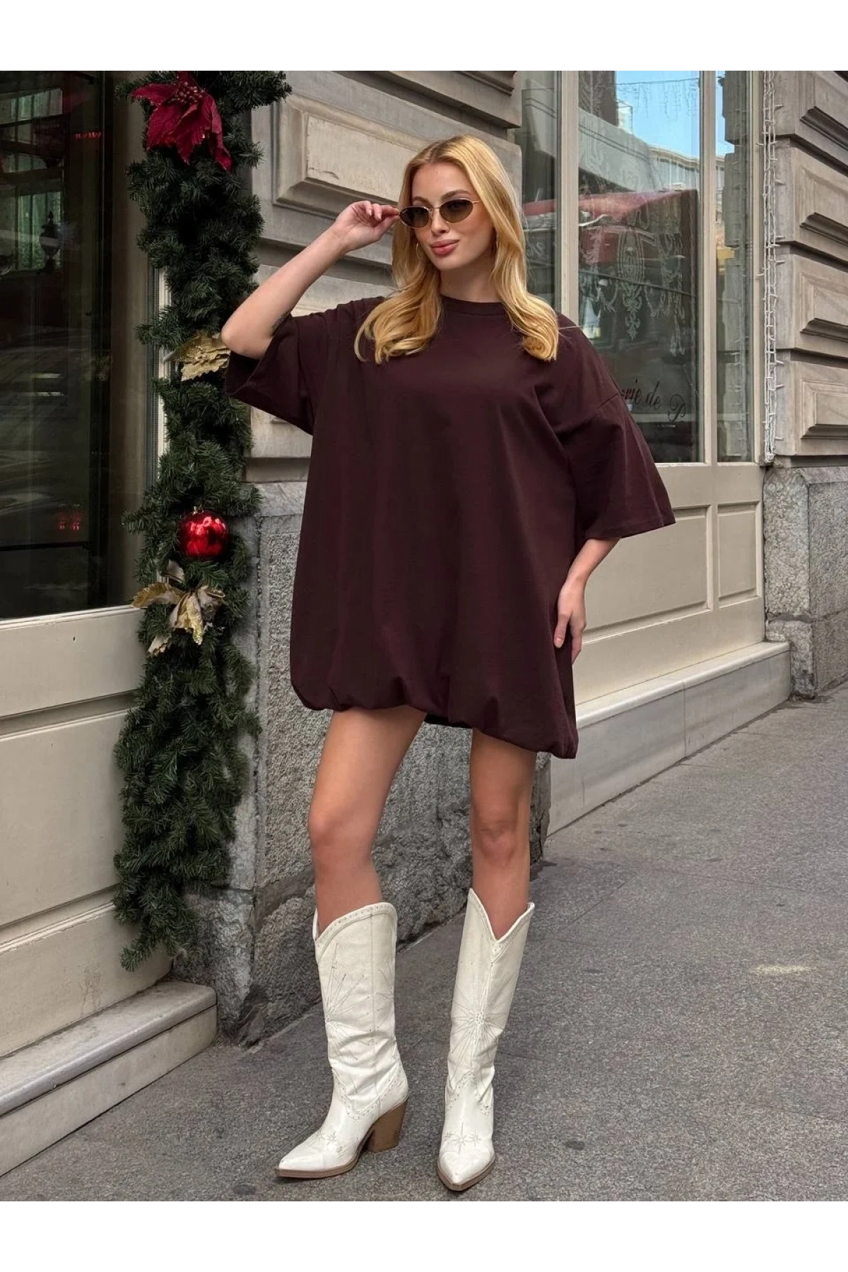 Kadın Acı Kahve Bisiklet Yaka Kısa Kol Düşük Omuz Balon Etekli Oversize Kısa Mini Elbise