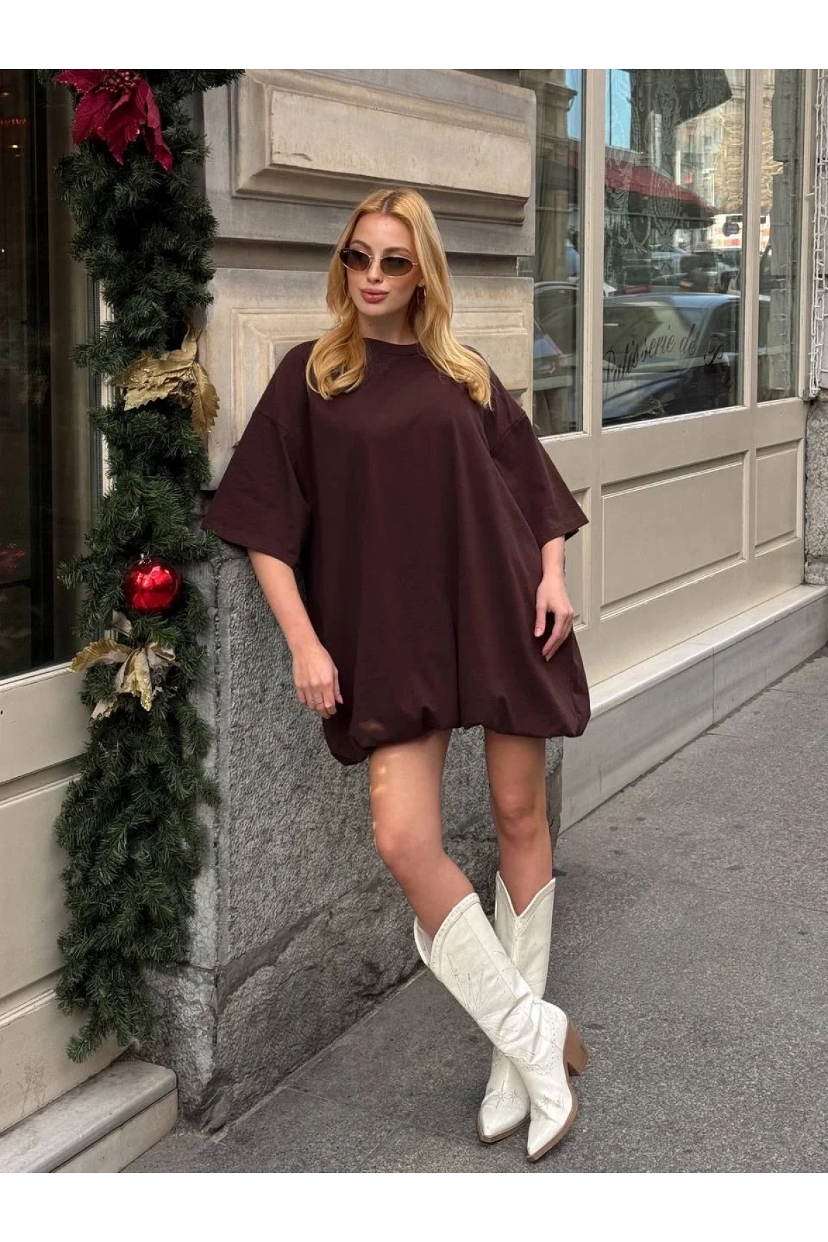 Kadın Acı Kahve Bisiklet Yaka Kısa Kol Düşük Omuz Balon Etekli Oversize Kısa Mini Elbise