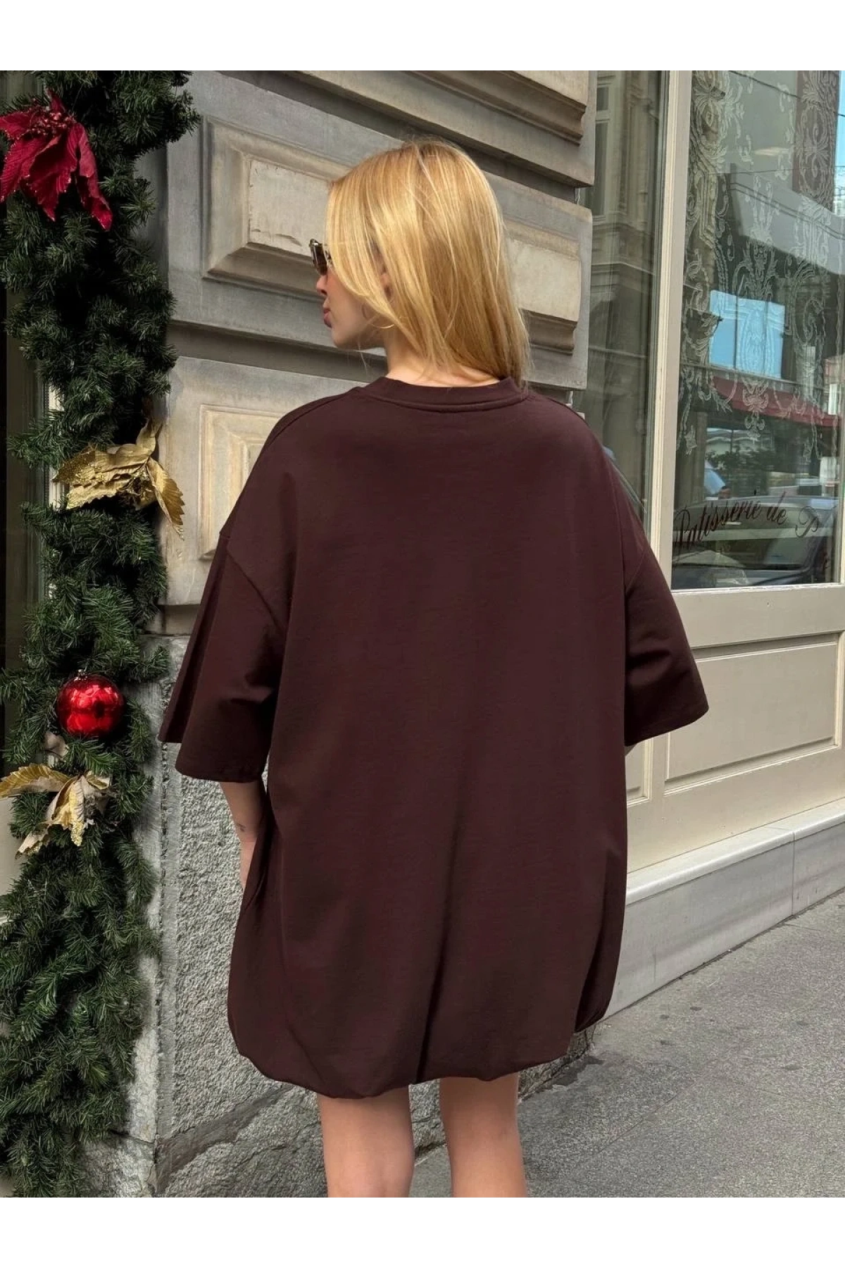 Kadın Acı Kahve Bisiklet Yaka Kısa Kol Düşük Omuz Balon Etekli Oversize Kısa Mini Elbise