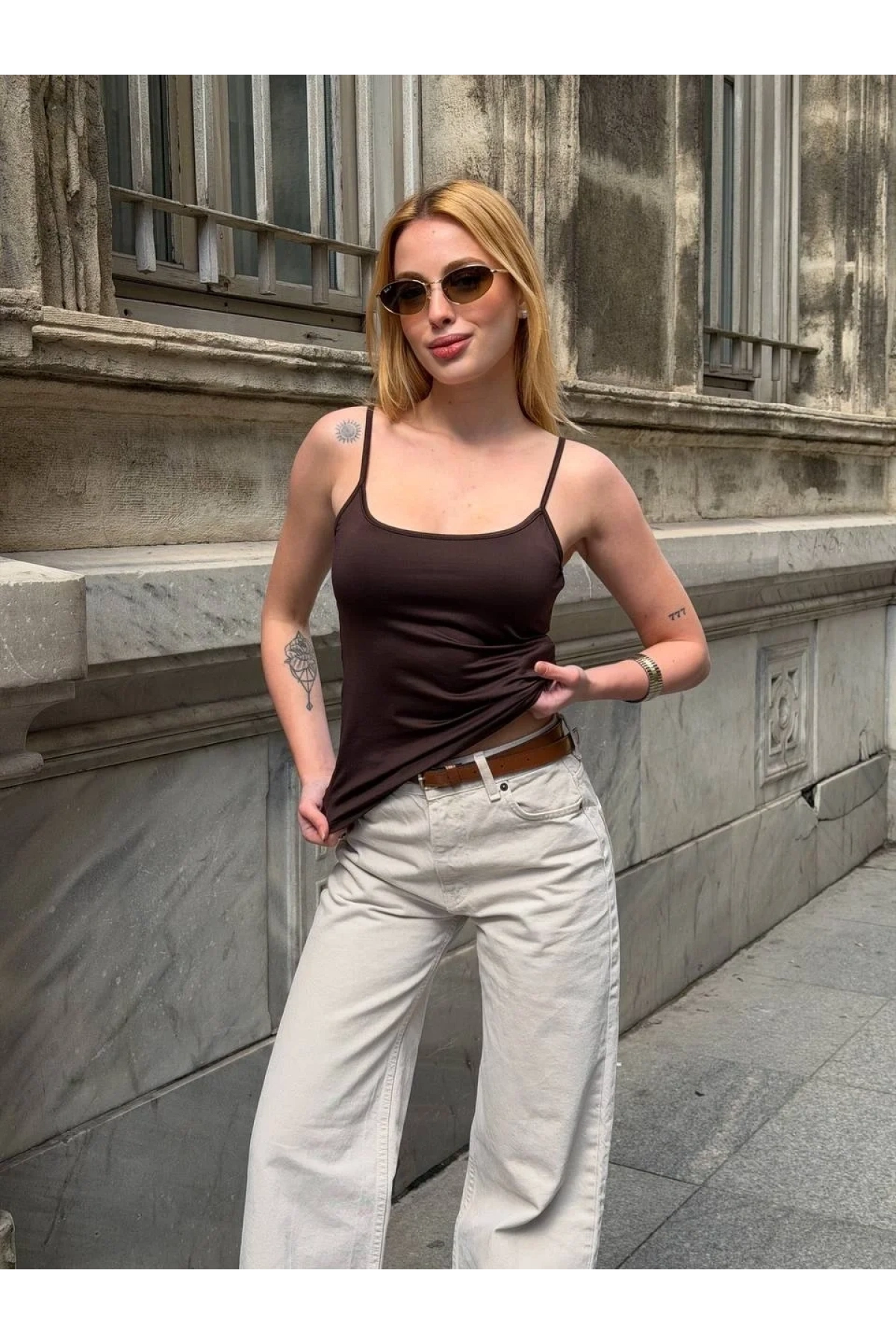 Kadın Acı Kahve İnce Askılı U Yaka Esnek Pamuklu Likralı Basic Atlet Body