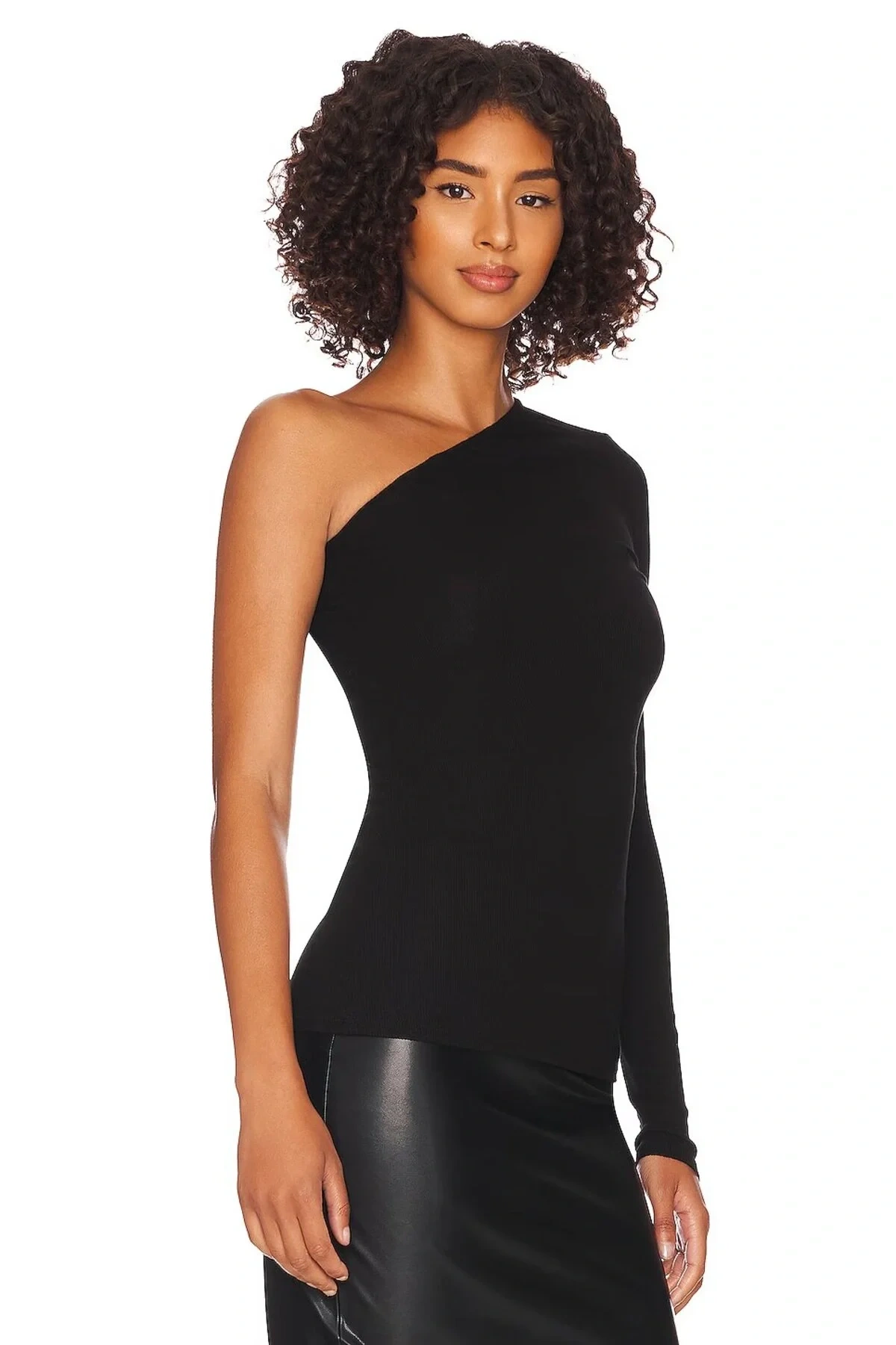 Kadın Siyah Asimetrik Yaka Tek Uzun Kollu Vücudu Saran Esnek Sandy Kumaş Basic Body