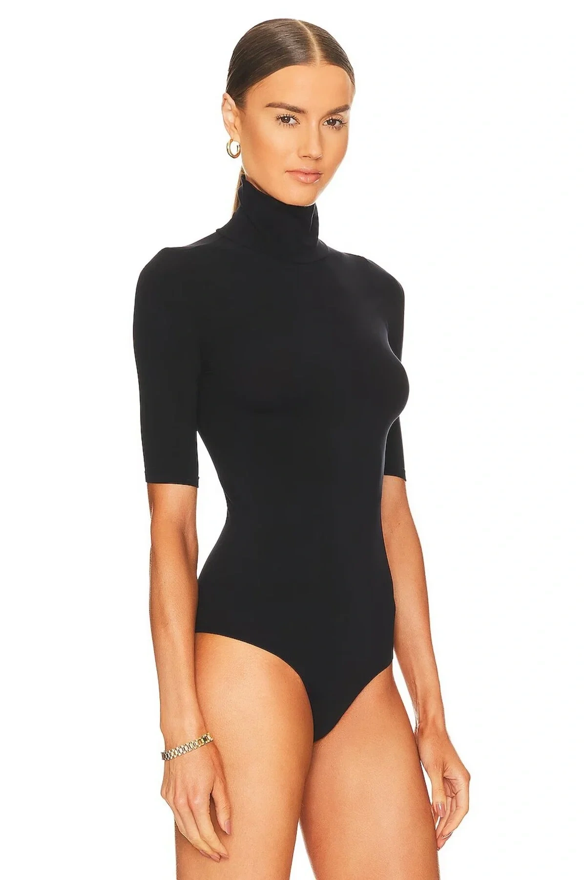 Kadın Siyah Yarım Kol Balıkçı Yaka Alttan Çıtçıtlı Çift Kat İpek Jarse Basic Tanga Bodysuit