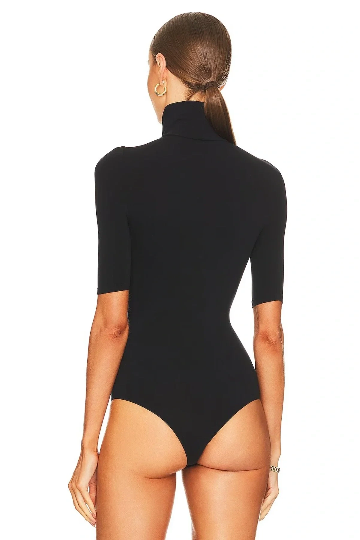 Kadın Siyah Yarım Kol Balıkçı Yaka Alttan Çıtçıtlı Çift Kat İpek Jarse Basic Tanga Bodysuit